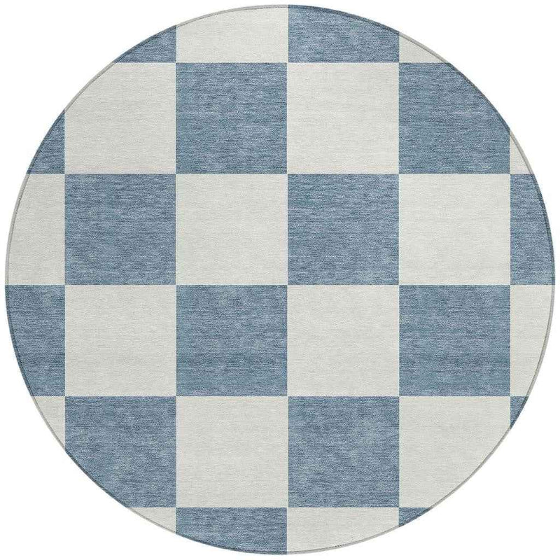 8' Denim Blue And Ivory Round Geometric Washable Indoor Outdoor Area Rug
