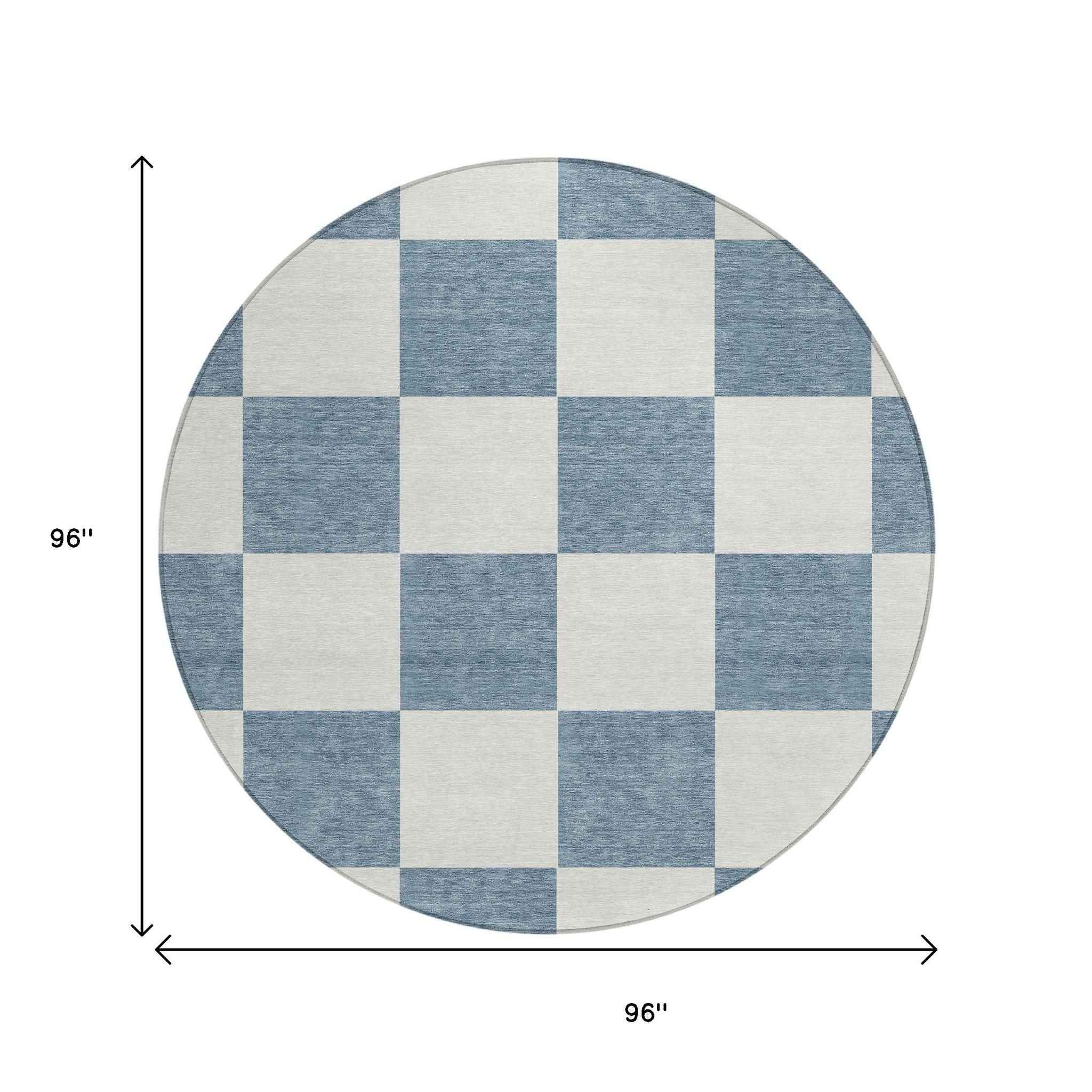 8' Denim Blue And Ivory Round Geometric Washable Indoor Outdoor Area Rug