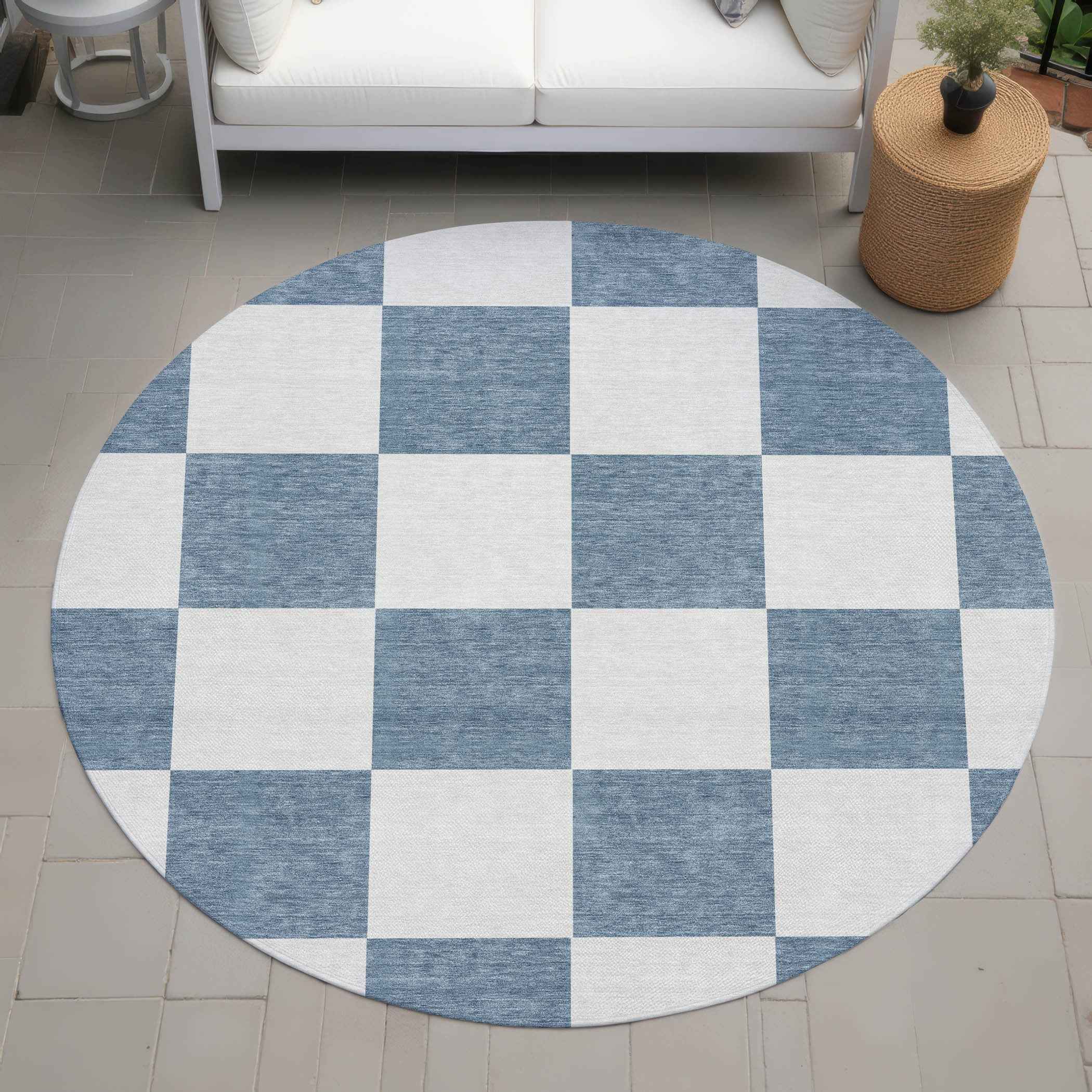 8' Denim Blue And Ivory Round Geometric Washable Indoor Outdoor Area Rug