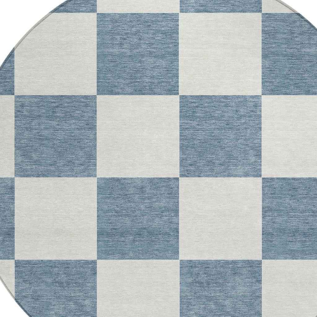 8' Denim Blue And Ivory Round Geometric Washable Indoor Outdoor Area Rug