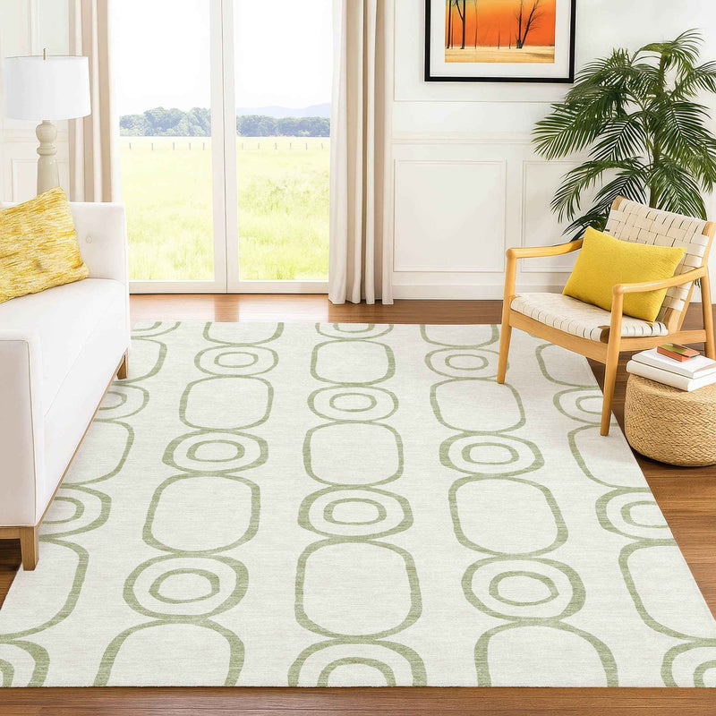 3' X 5' Artichoke Green And Ivory Geometric Washable Indoor Outdoor Area Rug