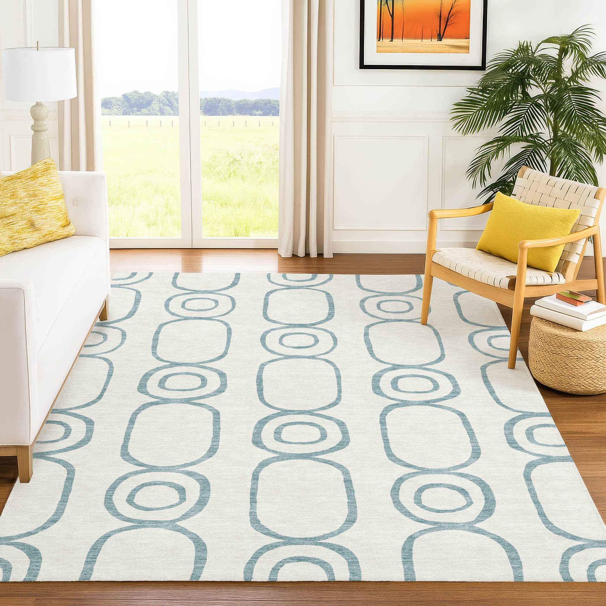8' X 10' Teal Blue And Ivory Geometric Washable Indoor Outdoor Area Rug