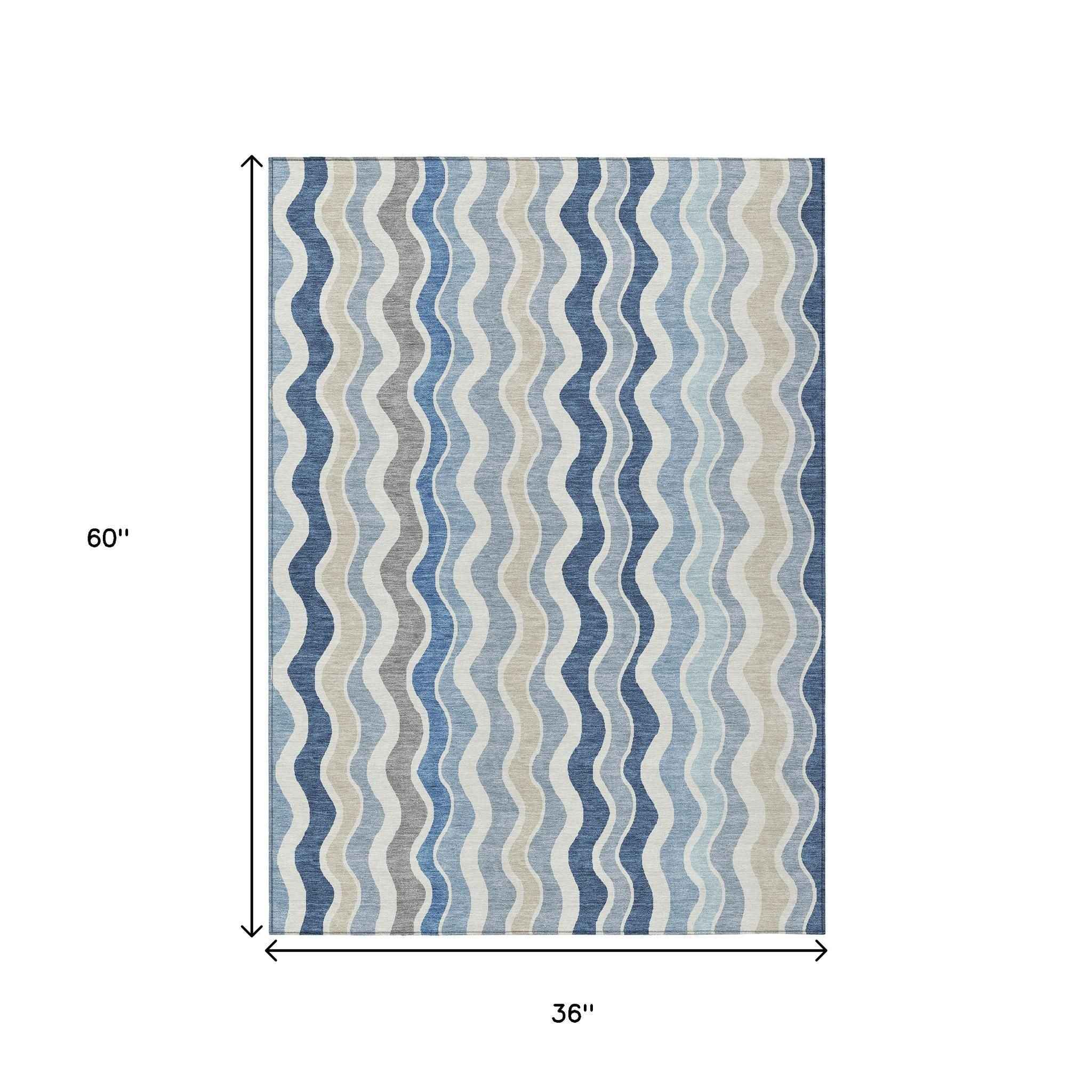 3' X 5' Blue Khaki And Ivory Striped Washable Indoor Outdoor Area Rug