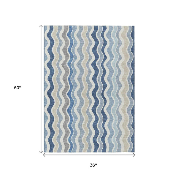 3' X 5' Blue Khaki And Ivory Striped Washable Indoor Outdoor Area Rug