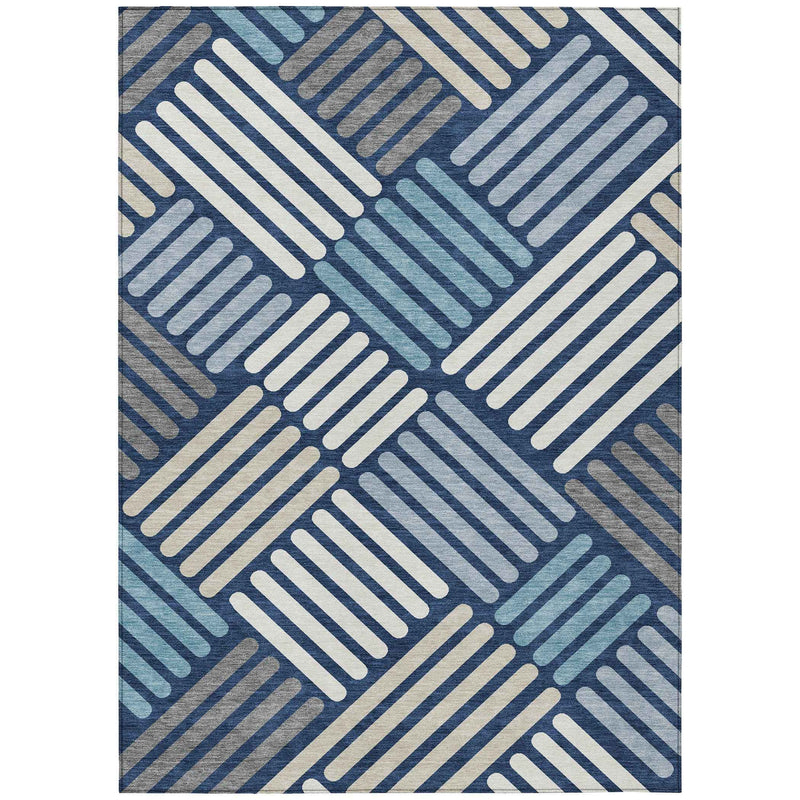 3' X 5' Navy Blue Ivory And Pewter Geometric Washable Indoor Outdoor Area Rug