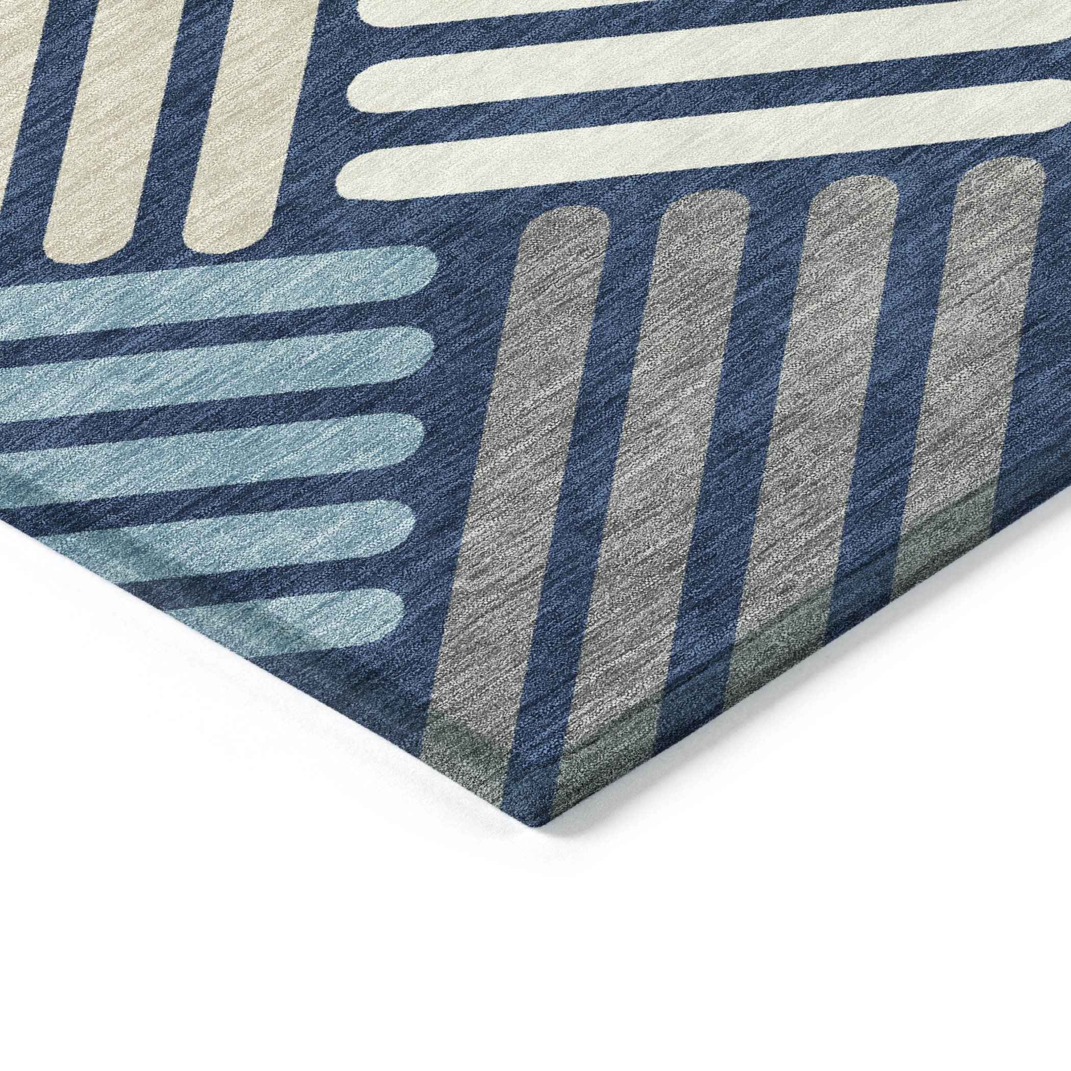 3' X 5' Navy Blue Ivory And Pewter Geometric Washable Indoor Outdoor Area Rug