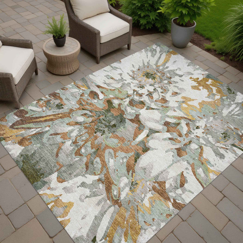 10' X 14' Copper Gray And Ivory Floral Washable Indoor Outdoor Area Rug