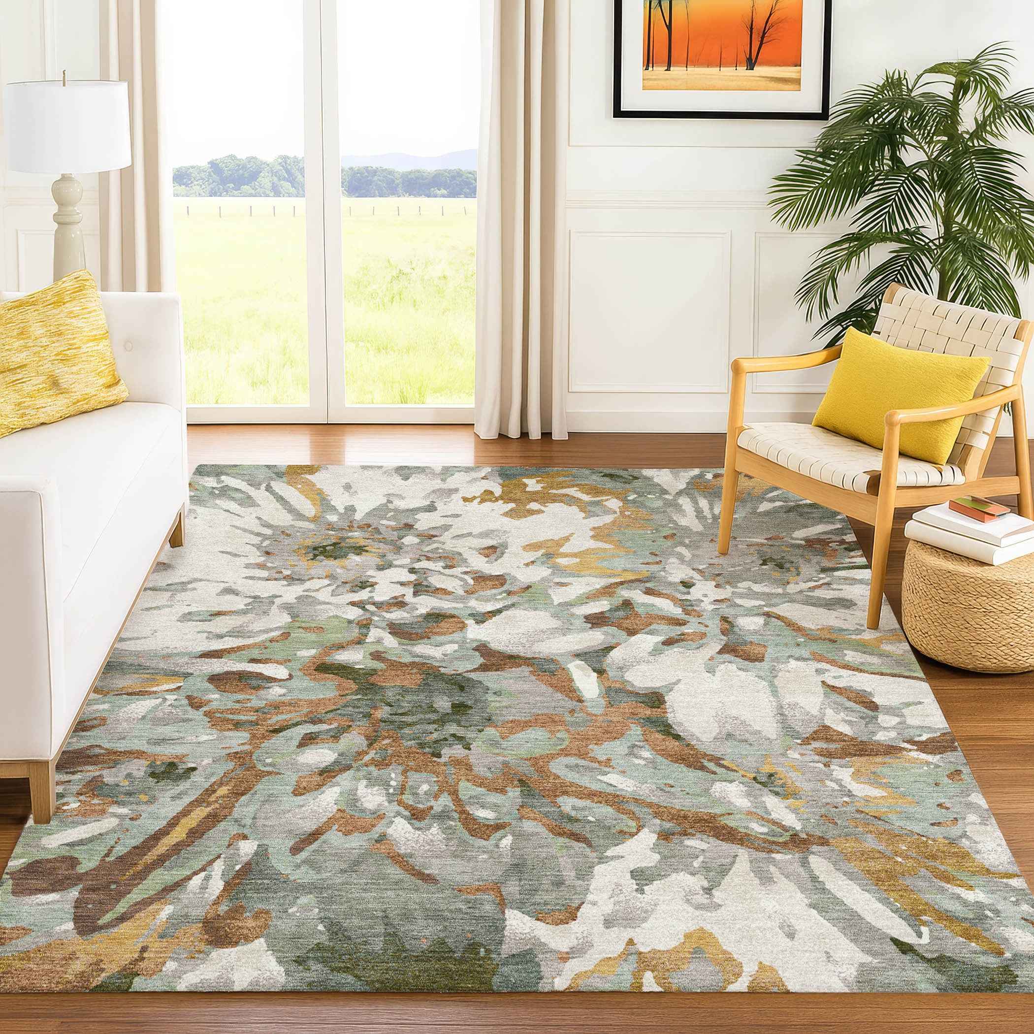 10' X 14' Copper Gray And Ivory Floral Washable Indoor Outdoor Area Rug