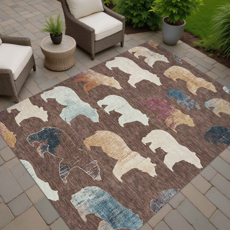 3' X 5' Chocolate Ivory And Blue Animal Print Washable Indoor Outdoor Area Rug