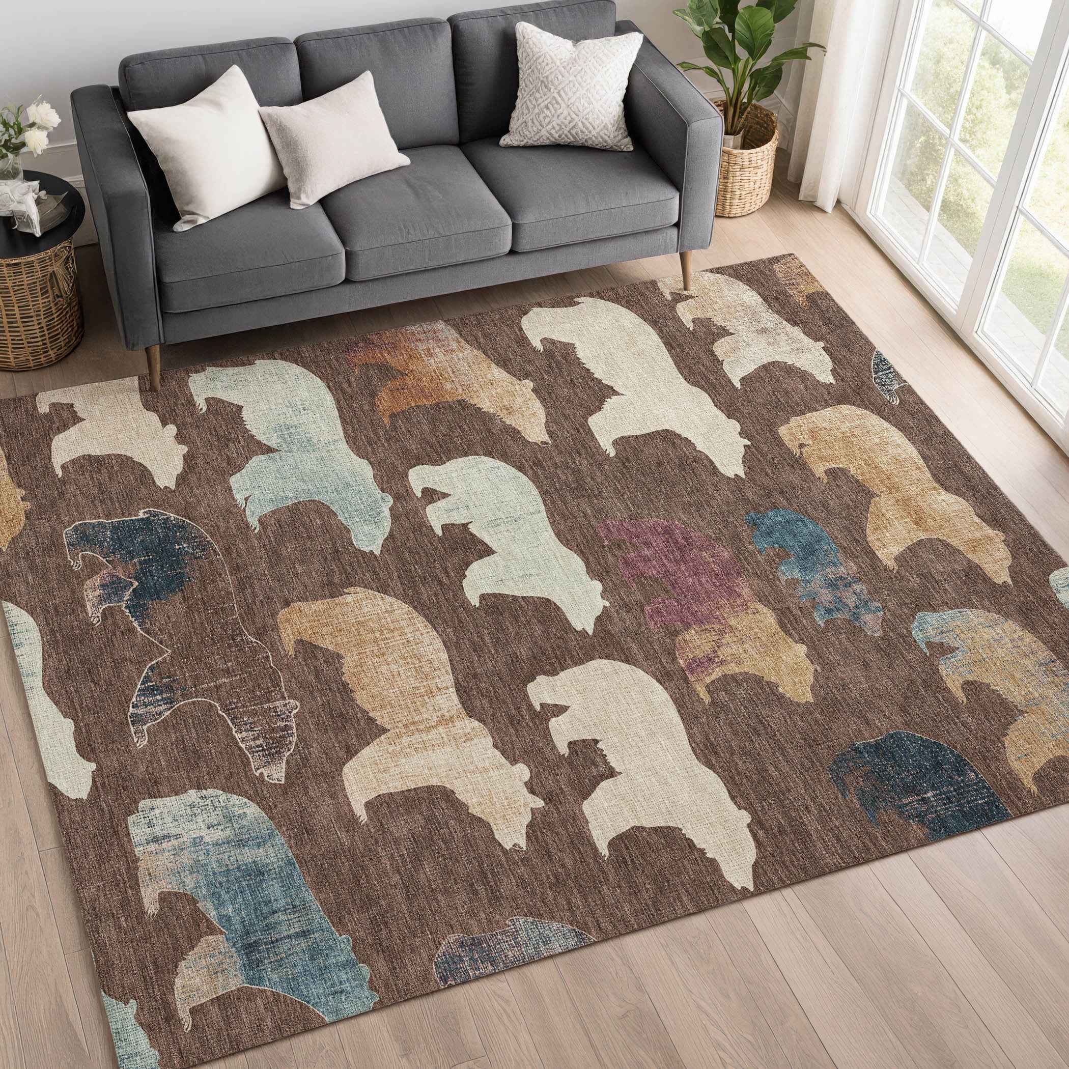3' X 5' Chocolate Ivory And Blue Animal Print Washable Indoor Outdoor Area Rug