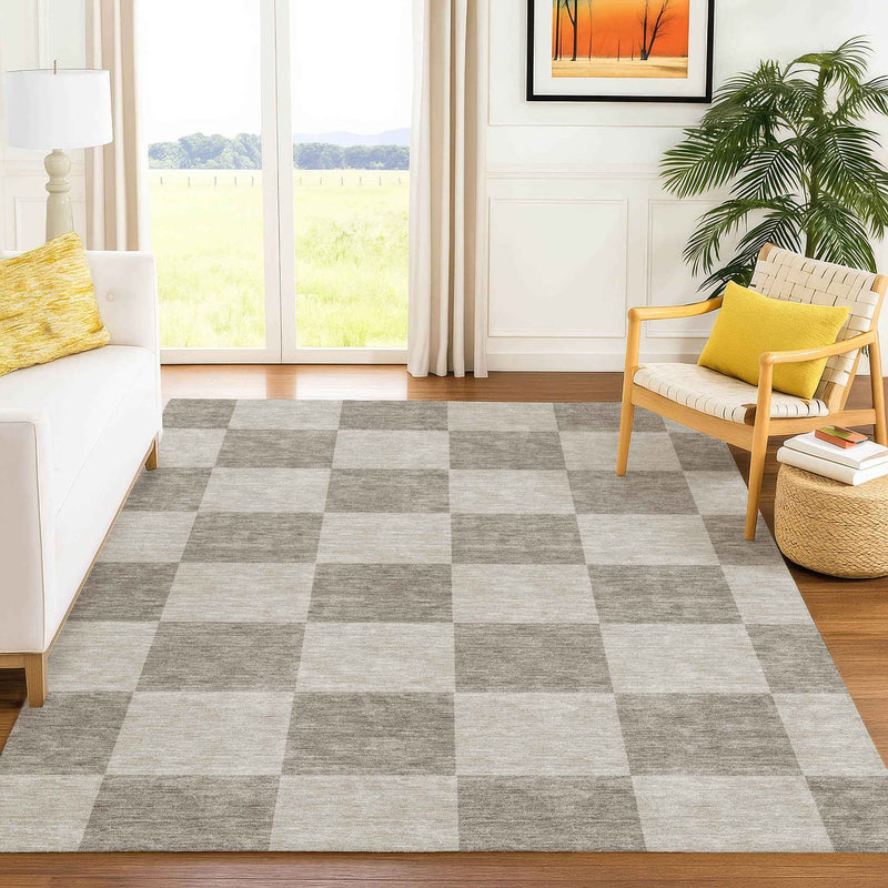 5' X 8' Khaki And Taupe Geometric Washable Indoor Outdoor Area Rug