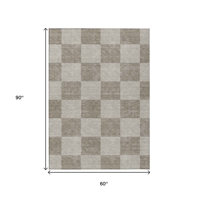 5' X 8' Khaki And Taupe Geometric Washable Indoor Outdoor Area Rug