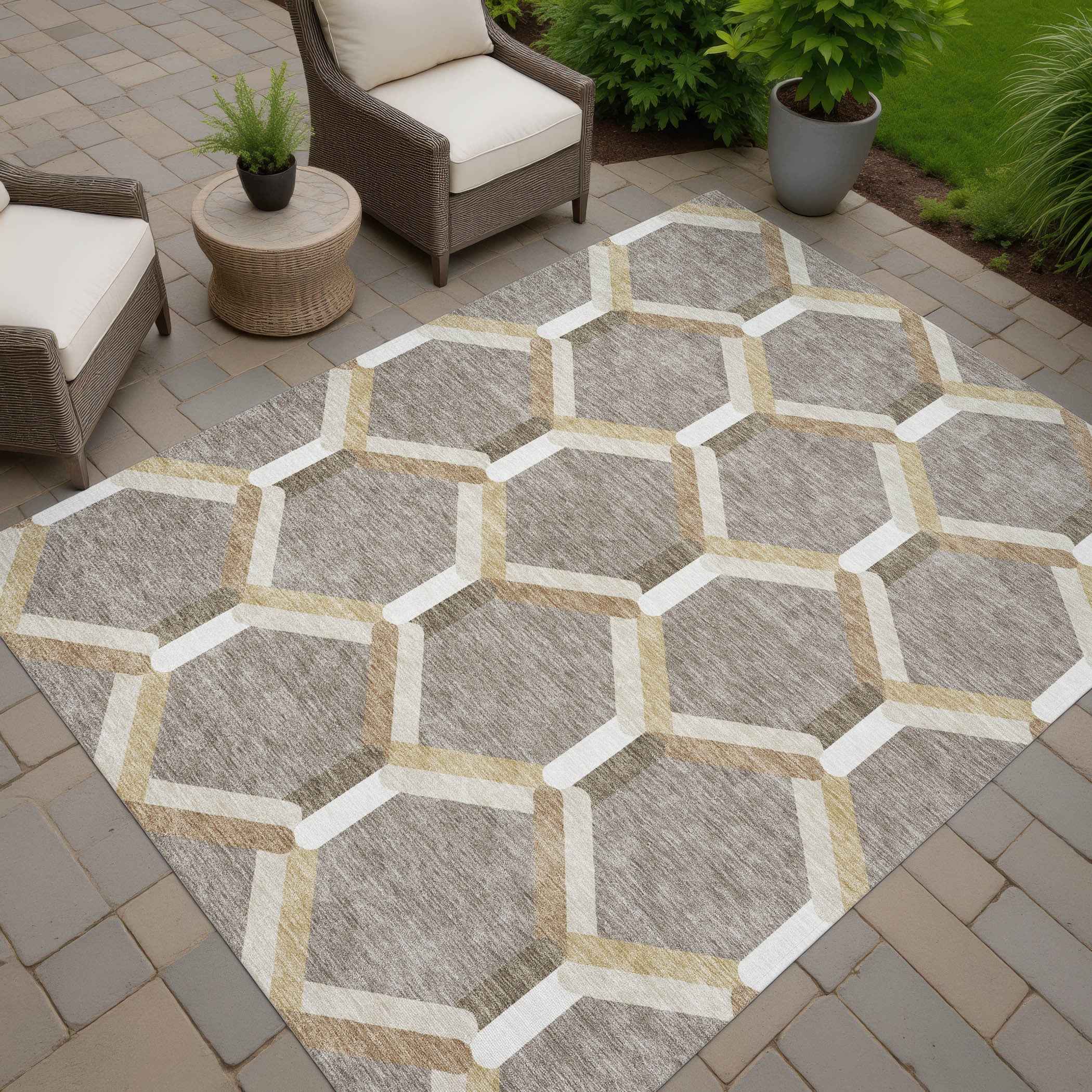 10' X 14' Taupe Beige And Ivory Geometric Washable Indoor Outdoor Area Rug