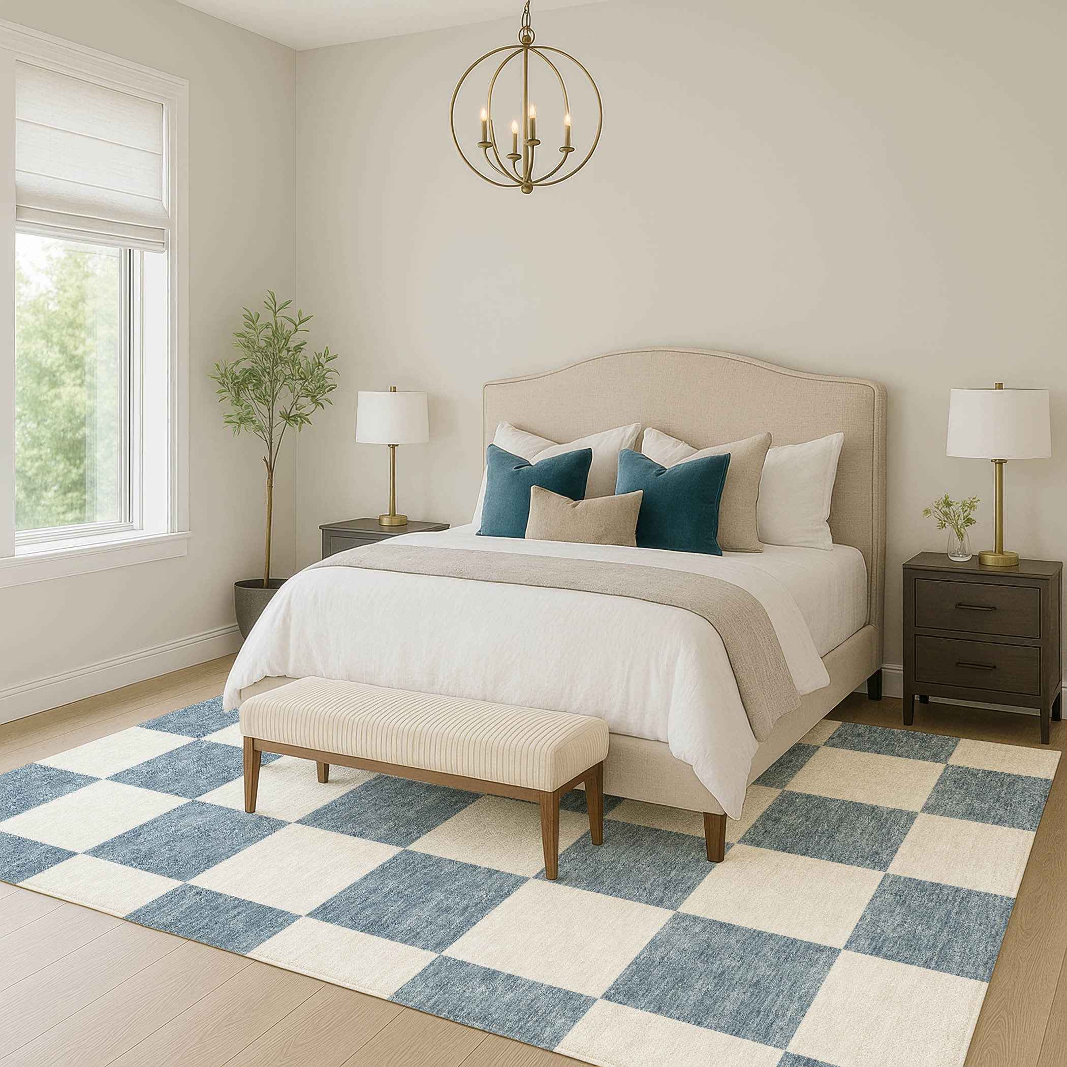 3' X 5' Denim Blue And Ivory Geometric Washable Indoor Outdoor Area Rug