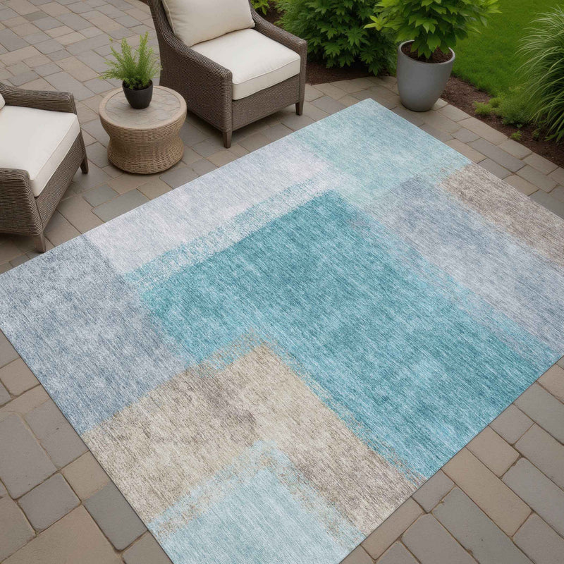 5' X 8' Teal Blue Ivory And Gray Abstract Washable Indoor Outdoor Area Rug