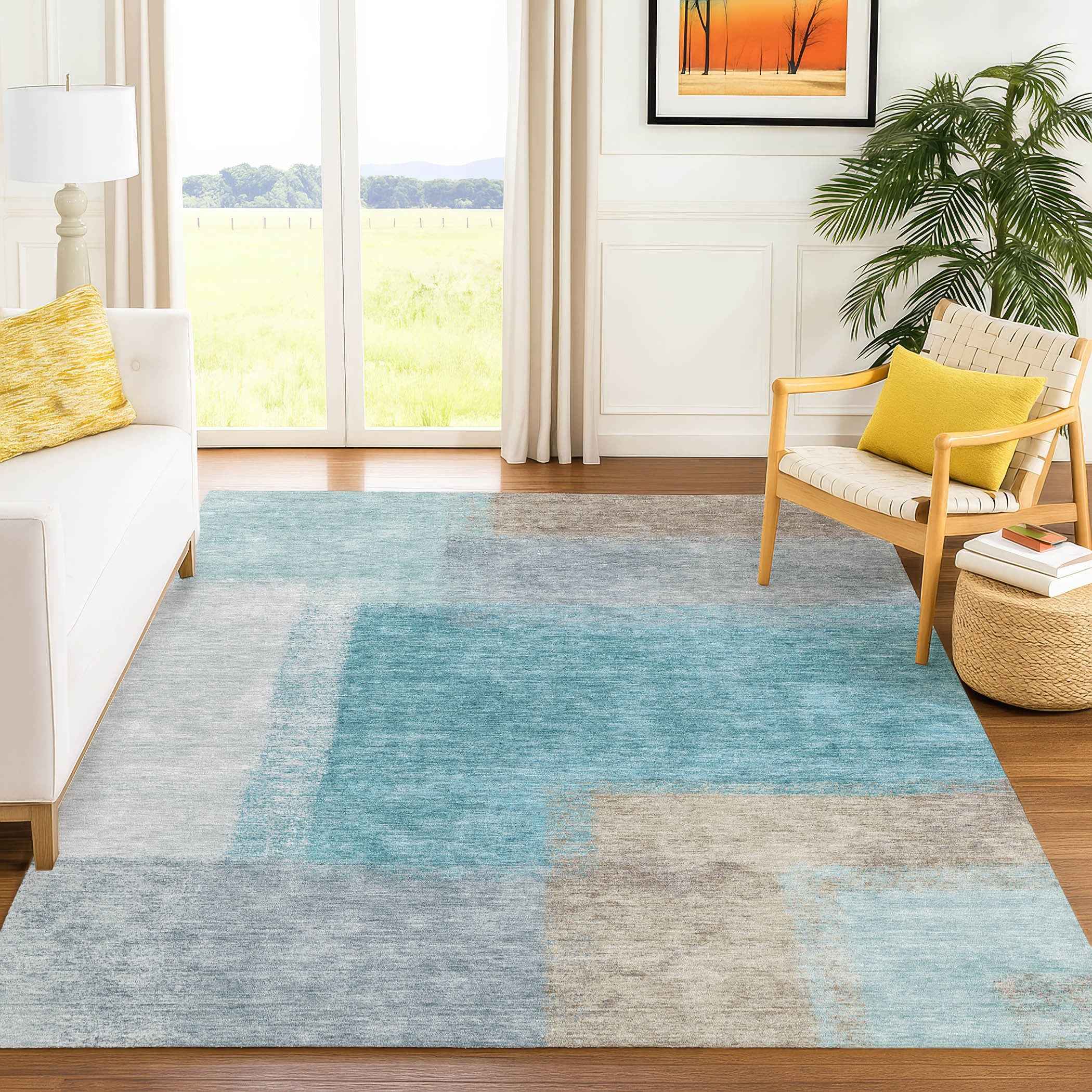 5' X 8' Teal Blue Ivory And Gray Abstract Washable Indoor Outdoor Area Rug