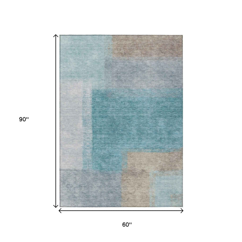 5' X 8' Teal Blue Ivory And Gray Abstract Washable Indoor Outdoor Area Rug