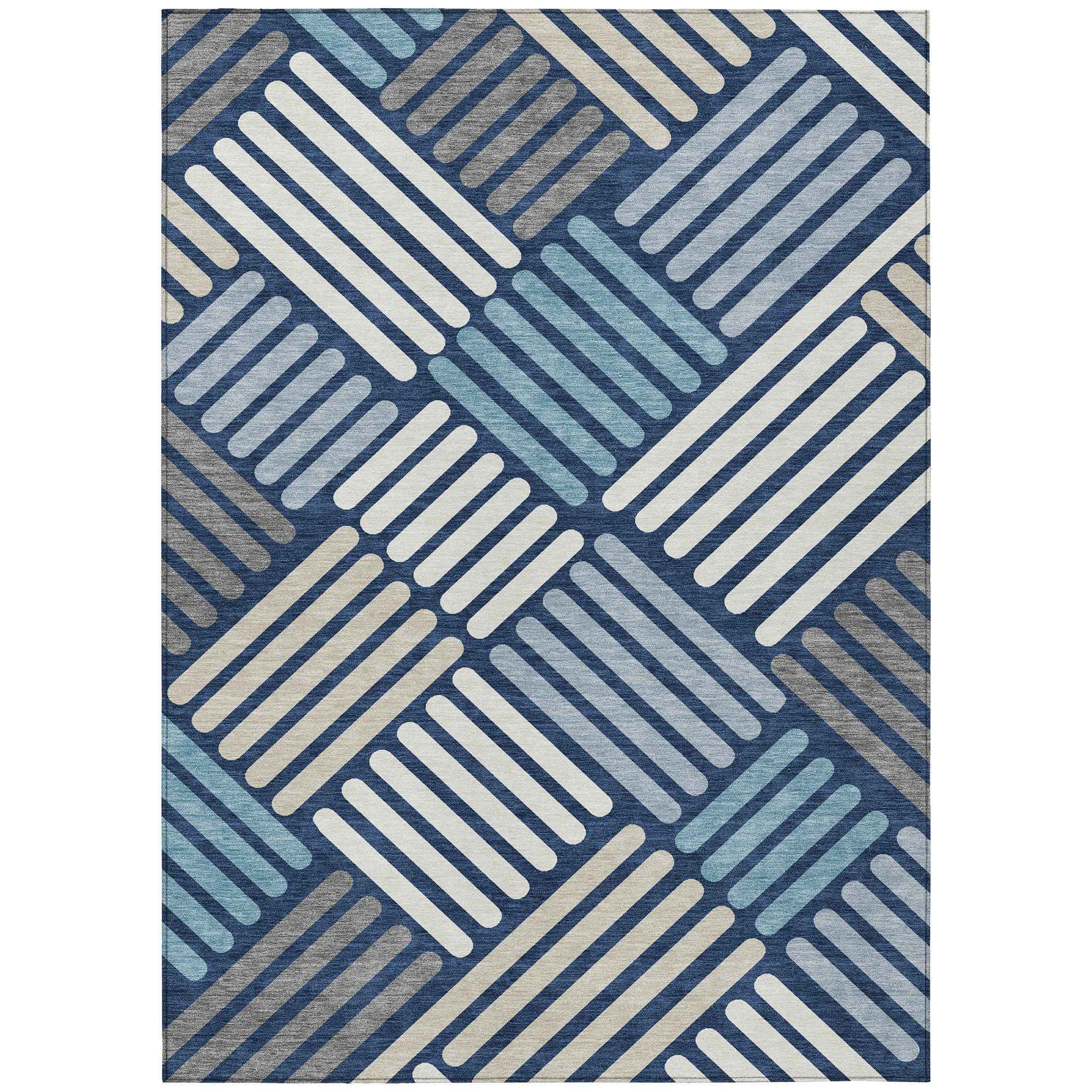 9' X 12' Navy Blue Ivory And Pewter Geometric Washable Indoor Outdoor Area Rug
