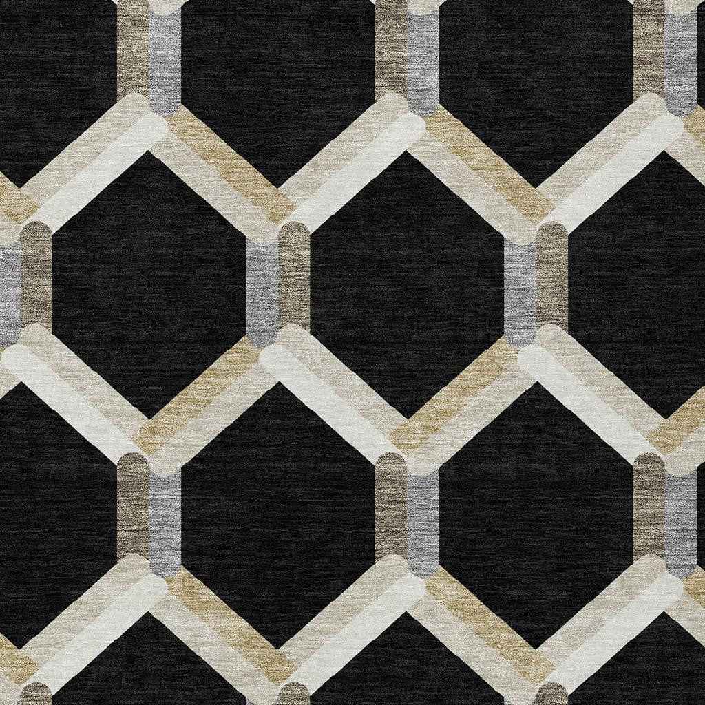 3' X 5' Black Ivory And Wheat Geometric Washable Indoor Outdoor Area Rug