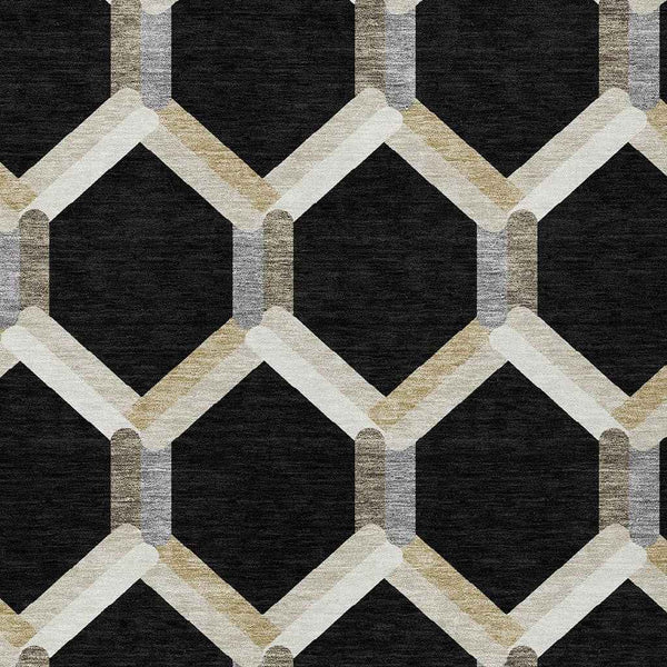 3' X 5' Black Ivory And Wheat Geometric Washable Indoor Outdoor Area Rug