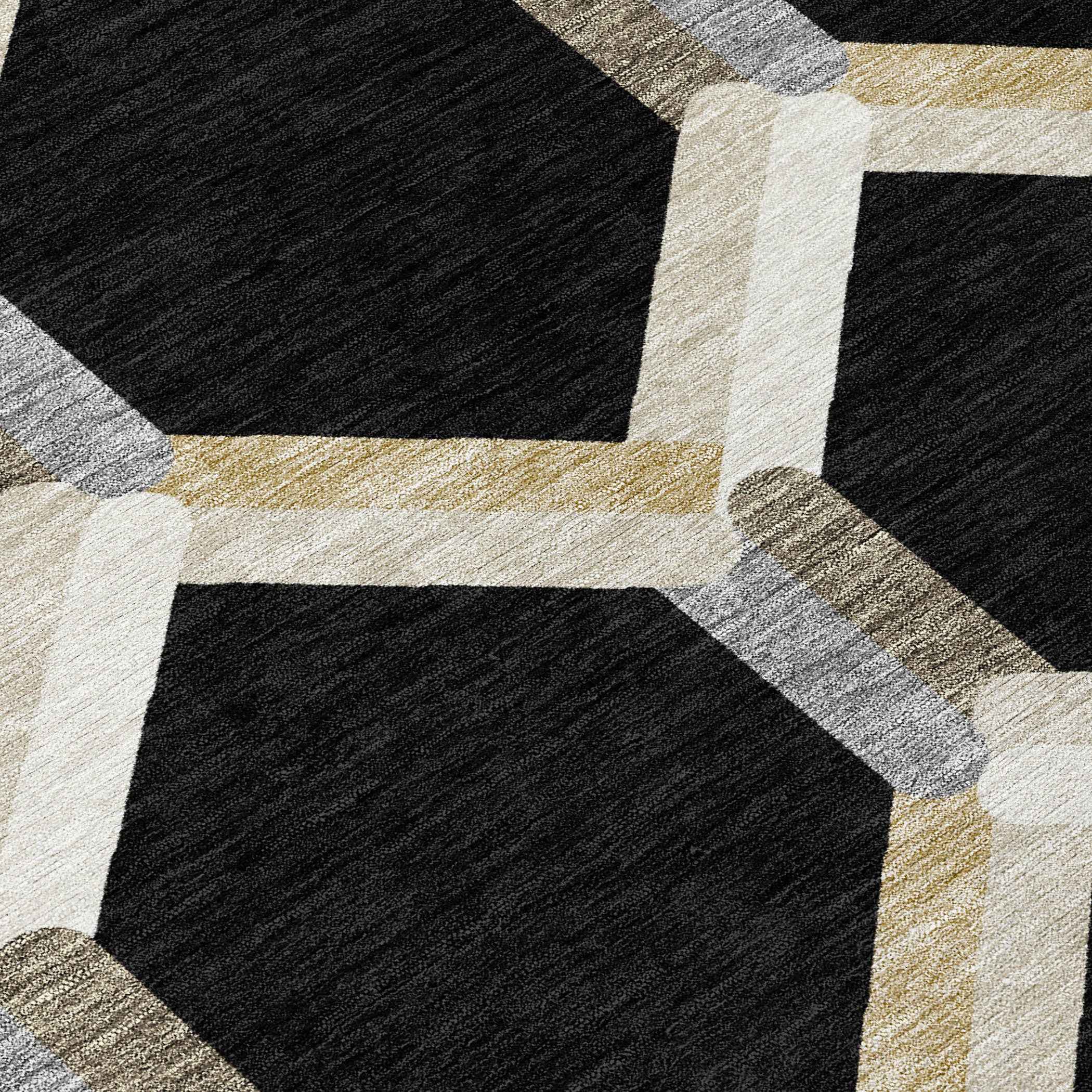 3' X 5' Black Ivory And Wheat Geometric Washable Indoor Outdoor Area Rug