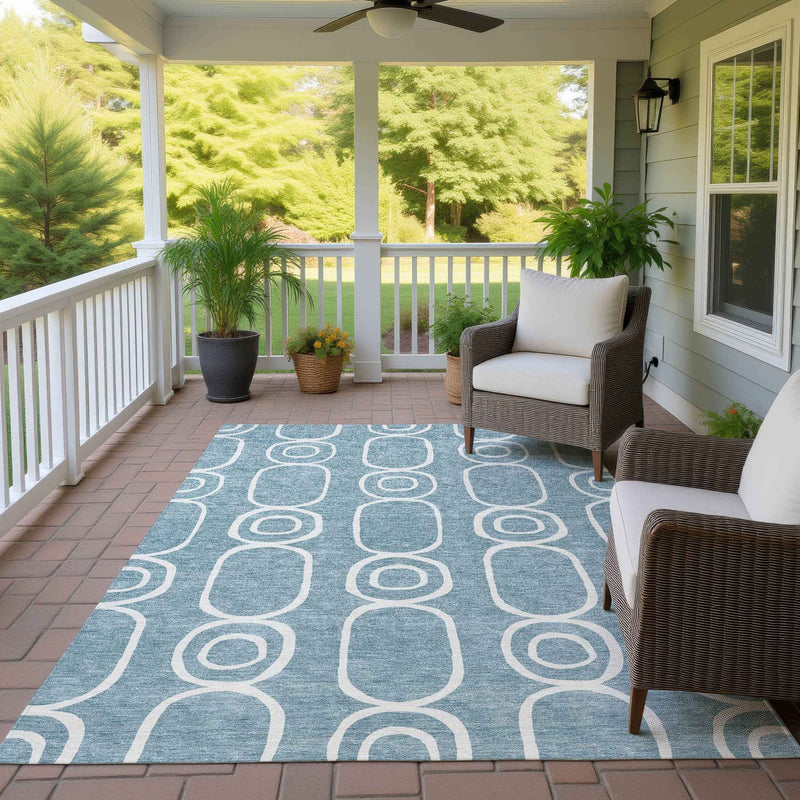 10' X 14' Aqua And Ivory Geometric Washable Indoor Outdoor Area Rug