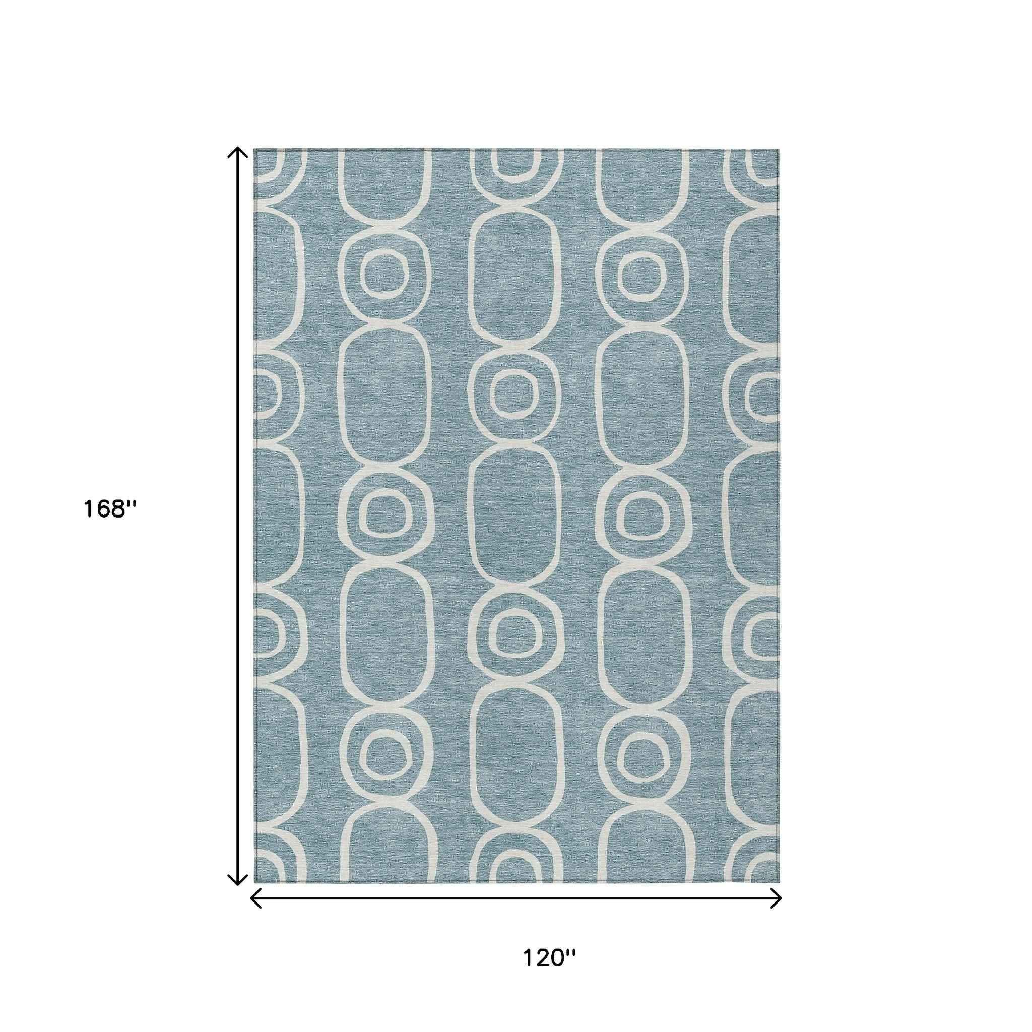 10' X 14' Aqua And Ivory Geometric Washable Indoor Outdoor Area Rug