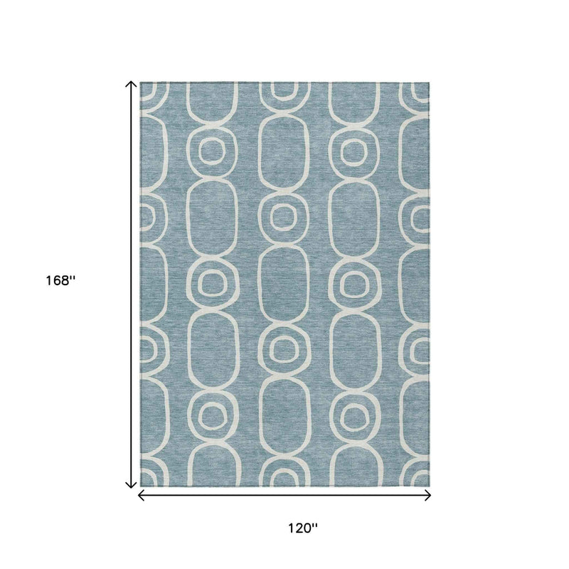 10' X 14' Aqua And Ivory Geometric Washable Indoor Outdoor Area Rug