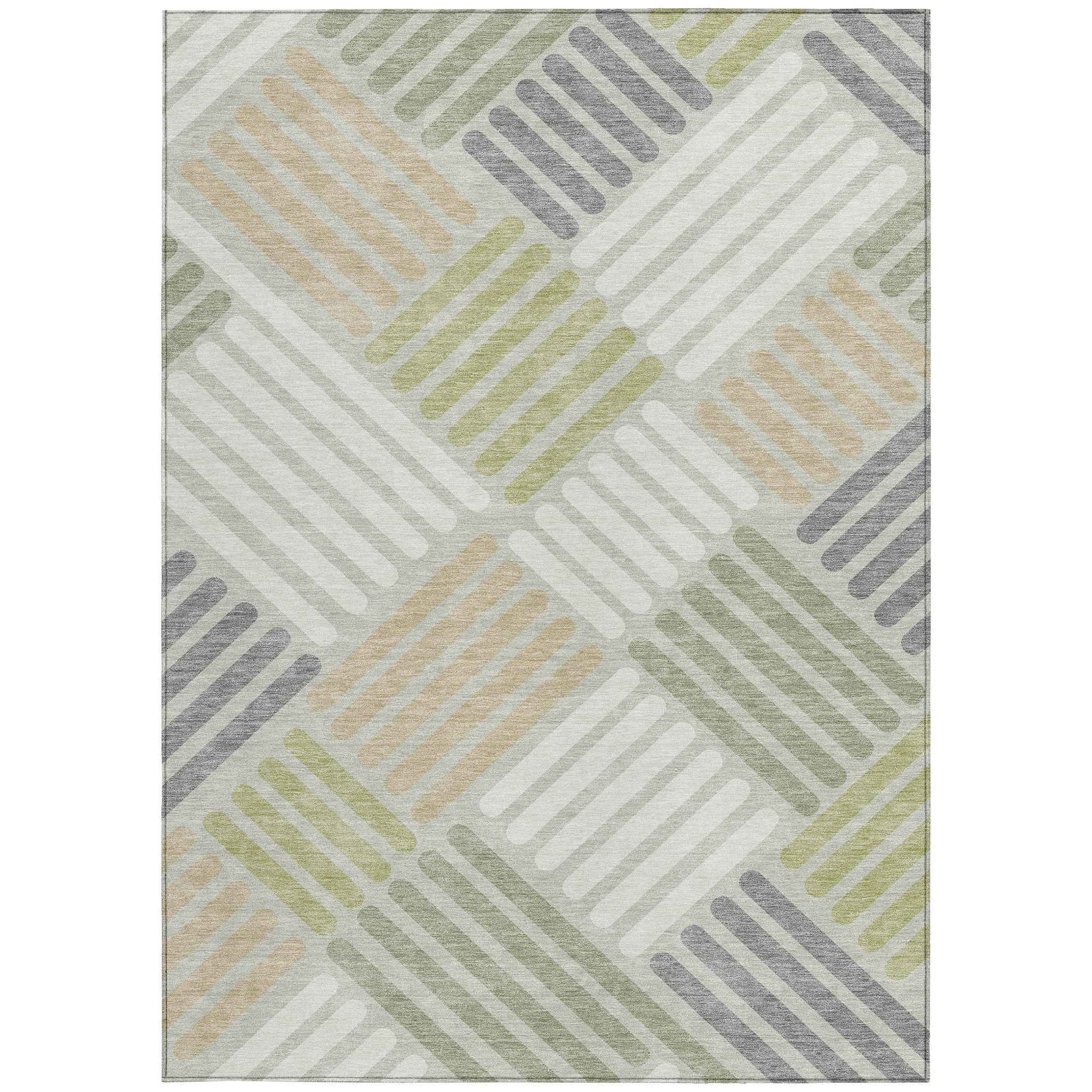 3' X 5' Artichoke Green Ivory And Gray Geometric Washable Indoor Outdoor Area Rug