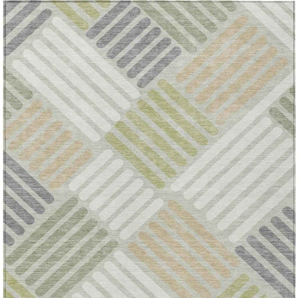 3' X 5' Artichoke Green Ivory And Gray Geometric Washable Indoor Outdoor Area Rug