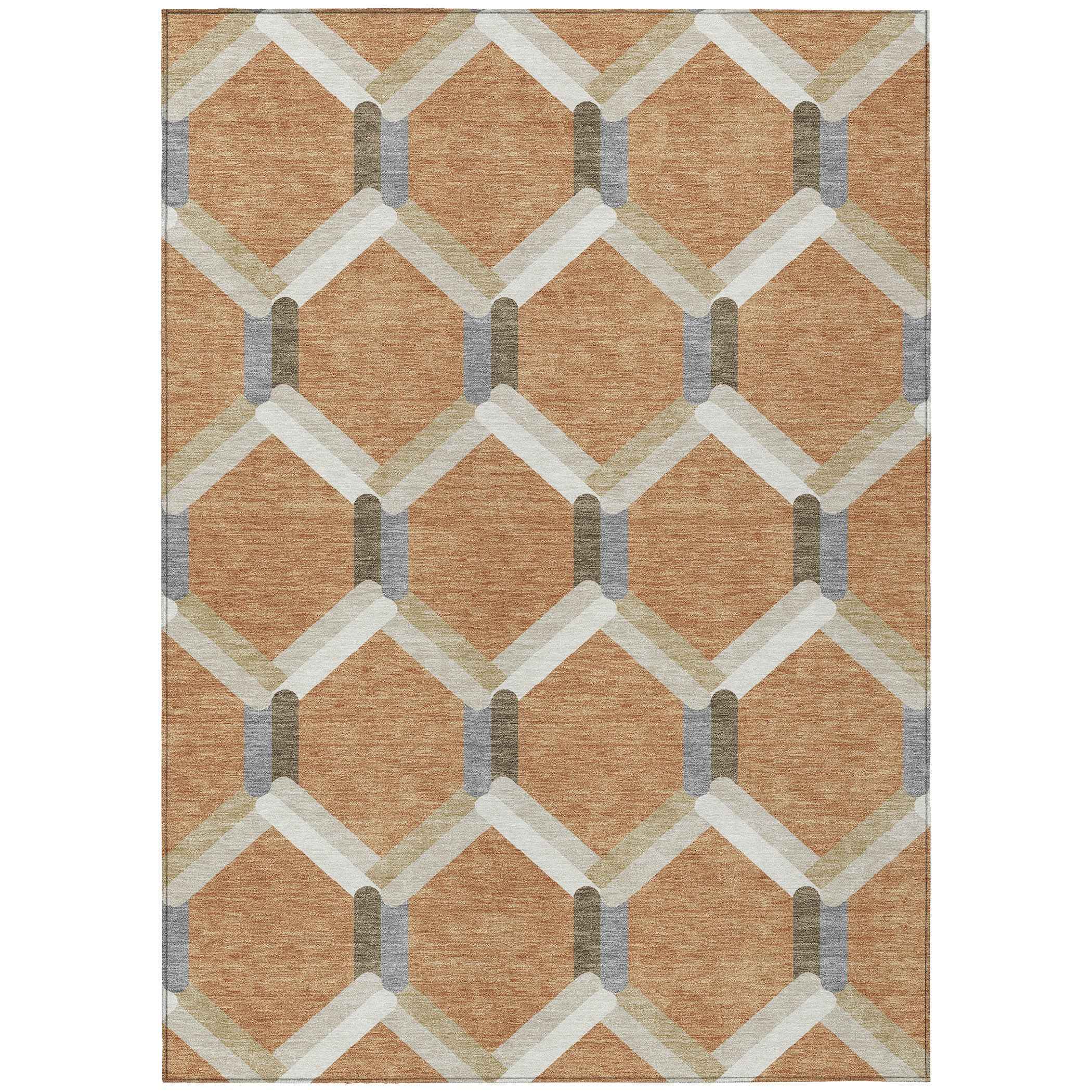 8' X 10' Copper Ivory And Gray Geometric Washable Indoor Outdoor Area Rug