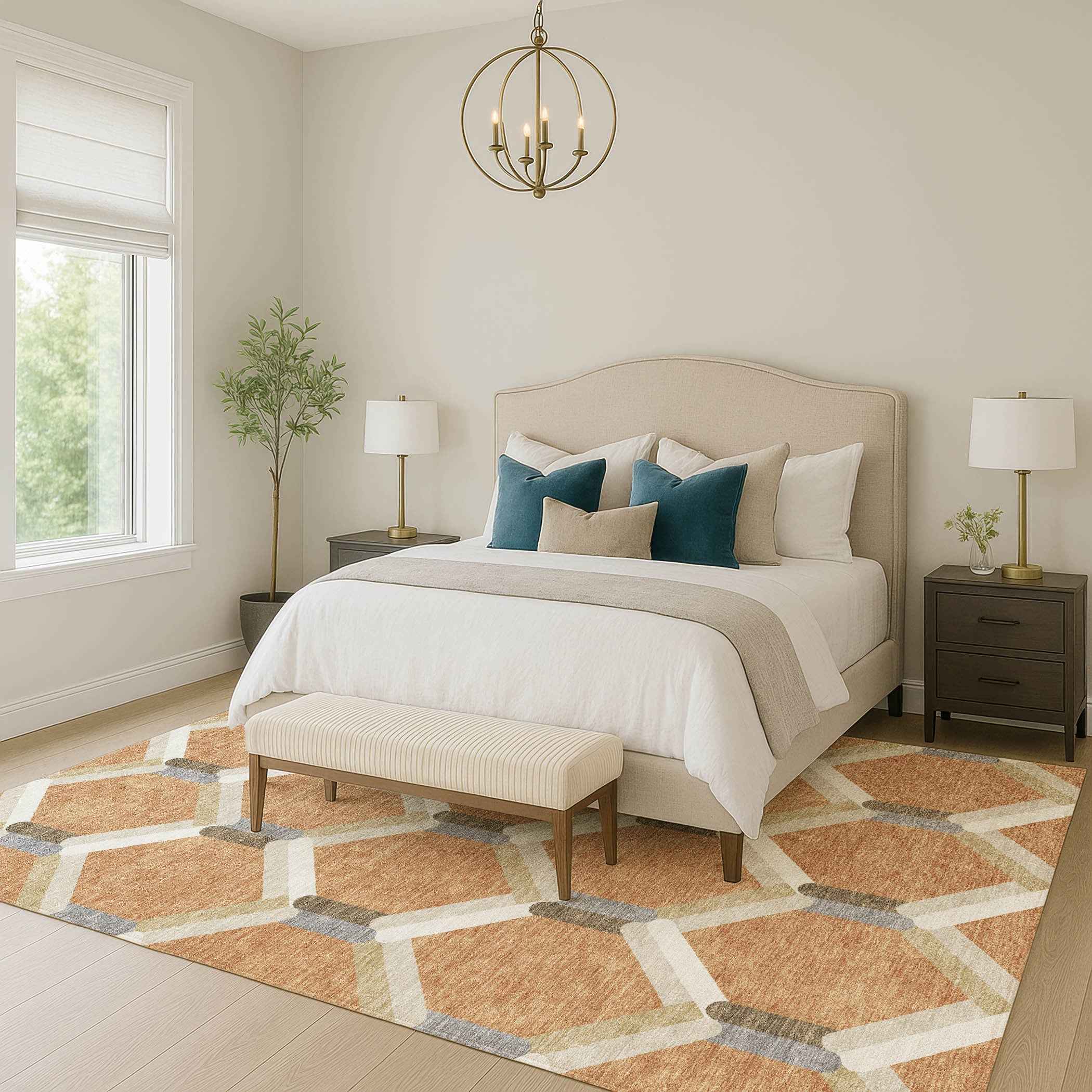 8' X 10' Copper Ivory And Gray Geometric Washable Indoor Outdoor Area Rug