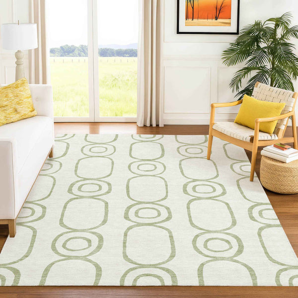9' X 12' Artichoke Green And Ivory Geometric Washable Indoor Outdoor Area Rug