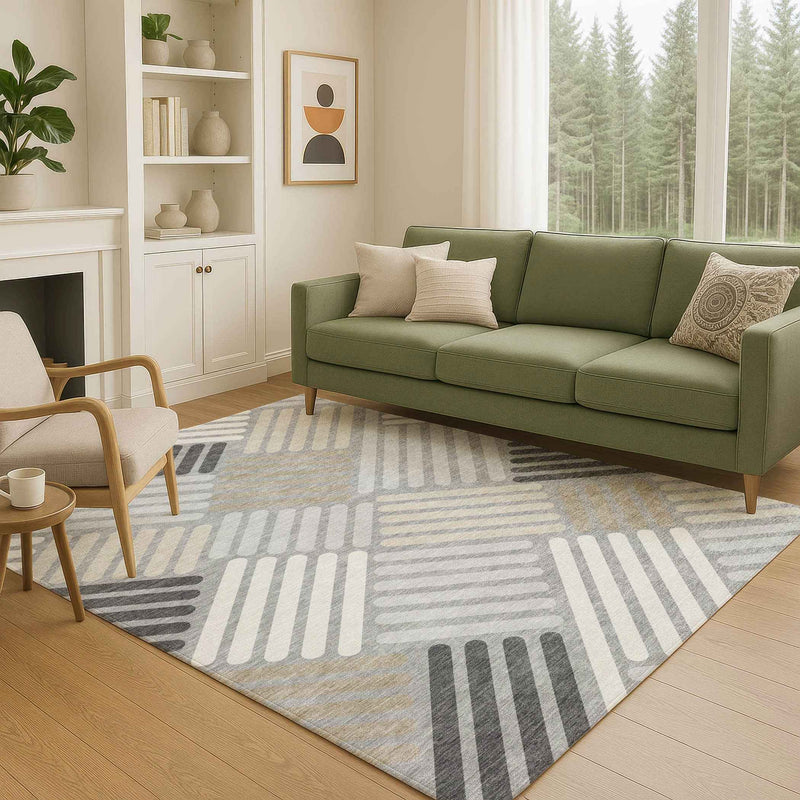 9' X 12' Gray Ivory And Tan Geometric Washable Indoor Outdoor Area Rug