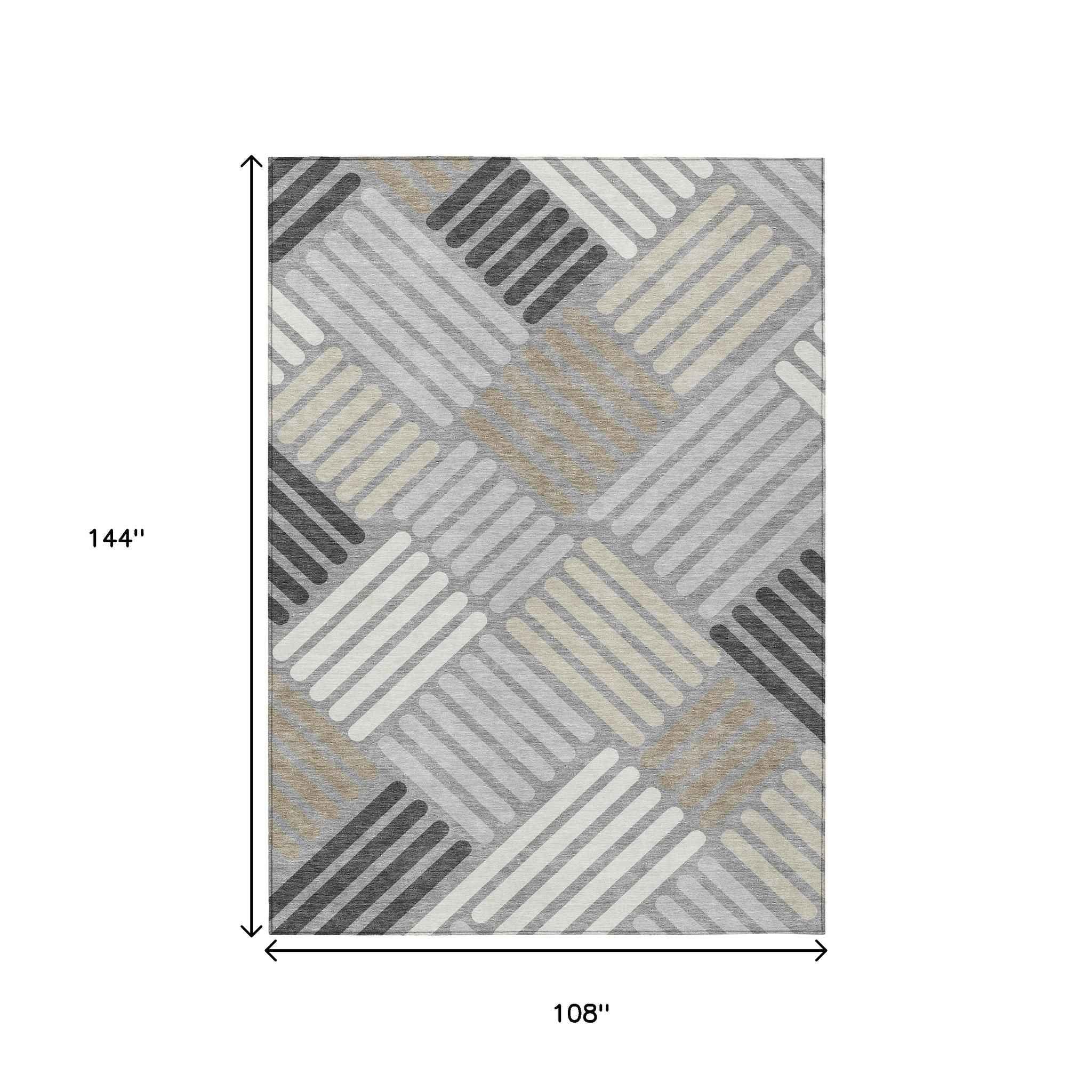 9' X 12' Gray Ivory And Tan Geometric Washable Indoor Outdoor Area Rug