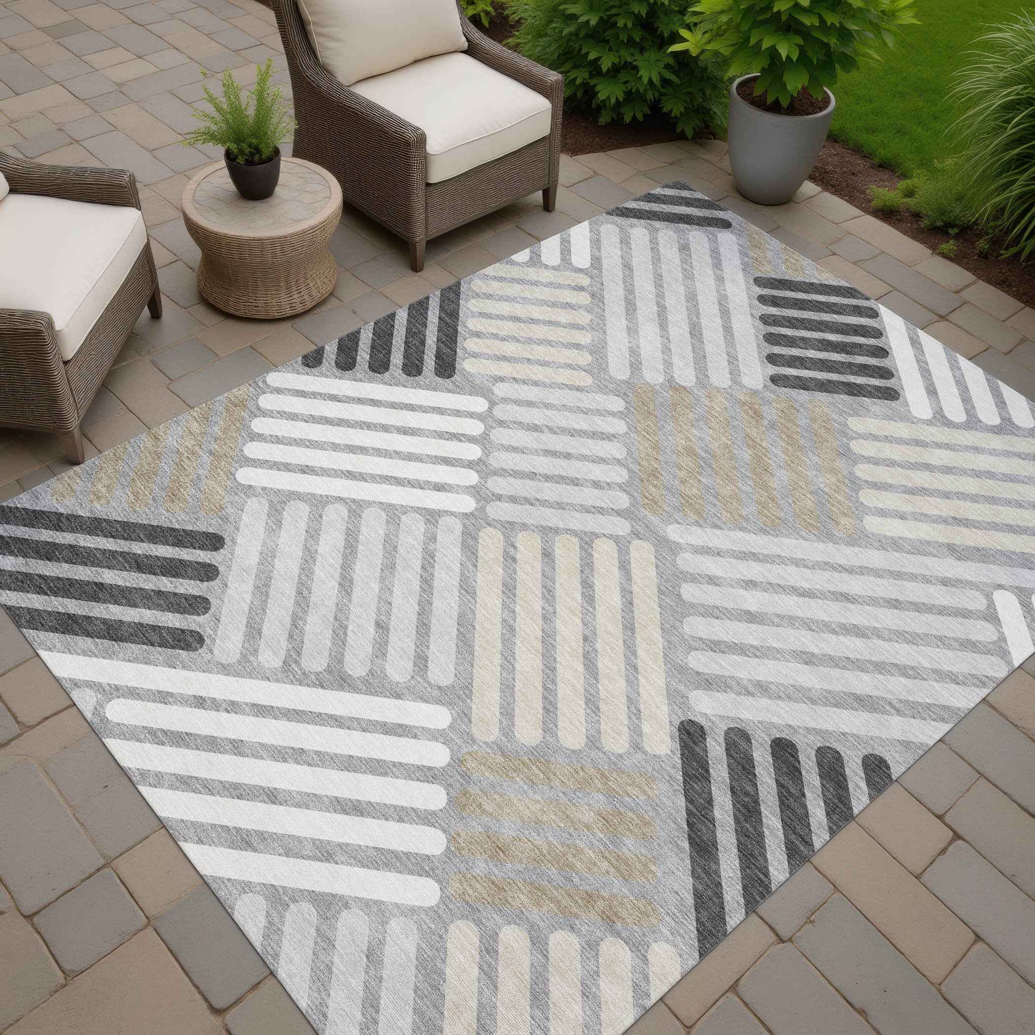 9' X 12' Gray Ivory And Tan Geometric Washable Indoor Outdoor Area Rug