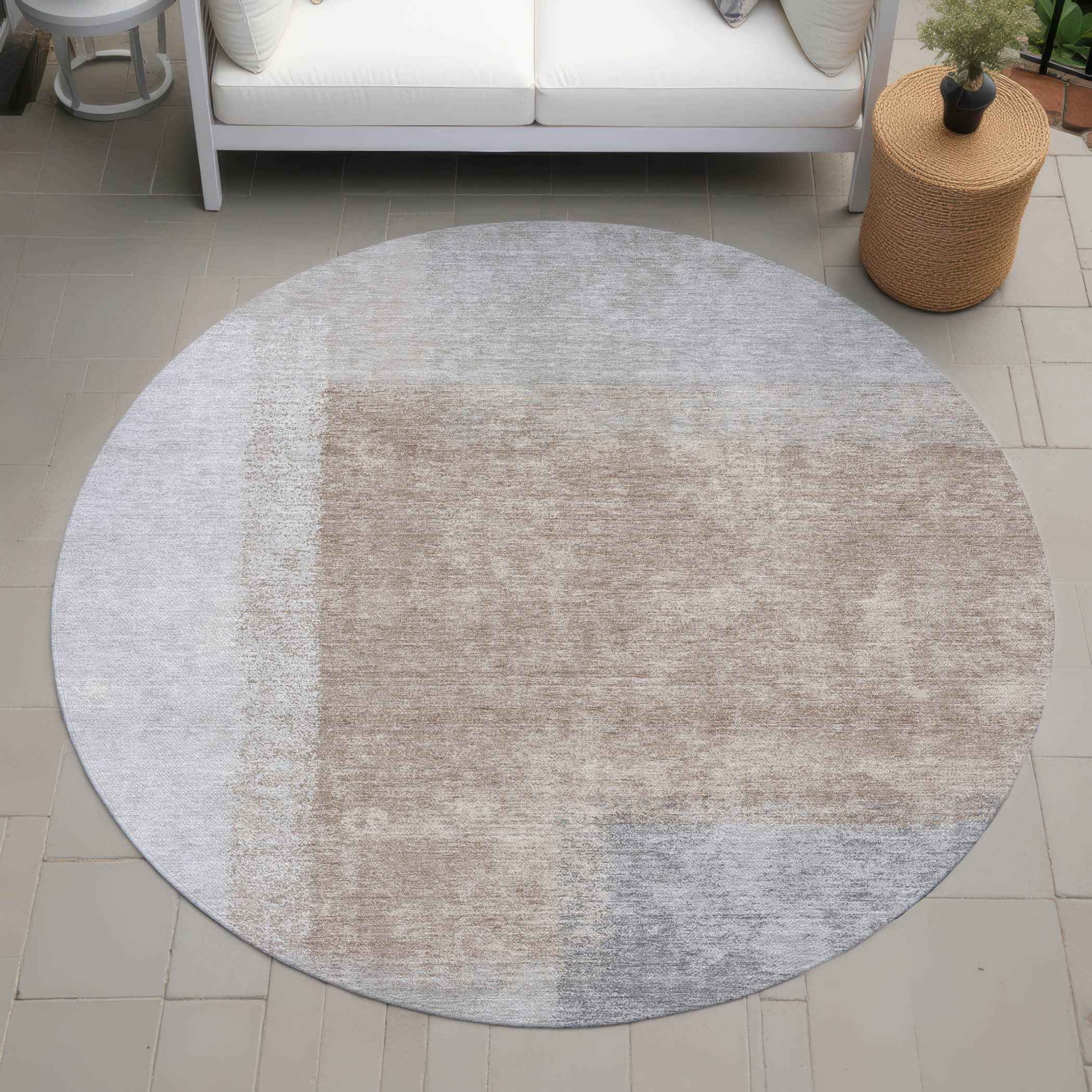 8' Taupe Ivory And Gray Round Abstract Washable Indoor Outdoor Area Rug