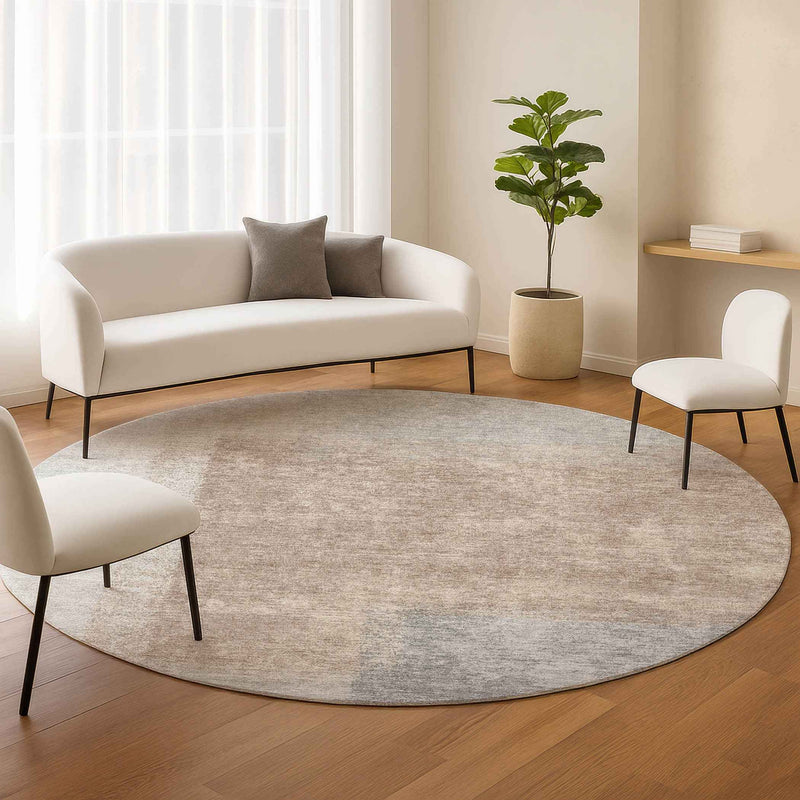 8' Taupe Ivory And Gray Round Abstract Washable Indoor Outdoor Area Rug