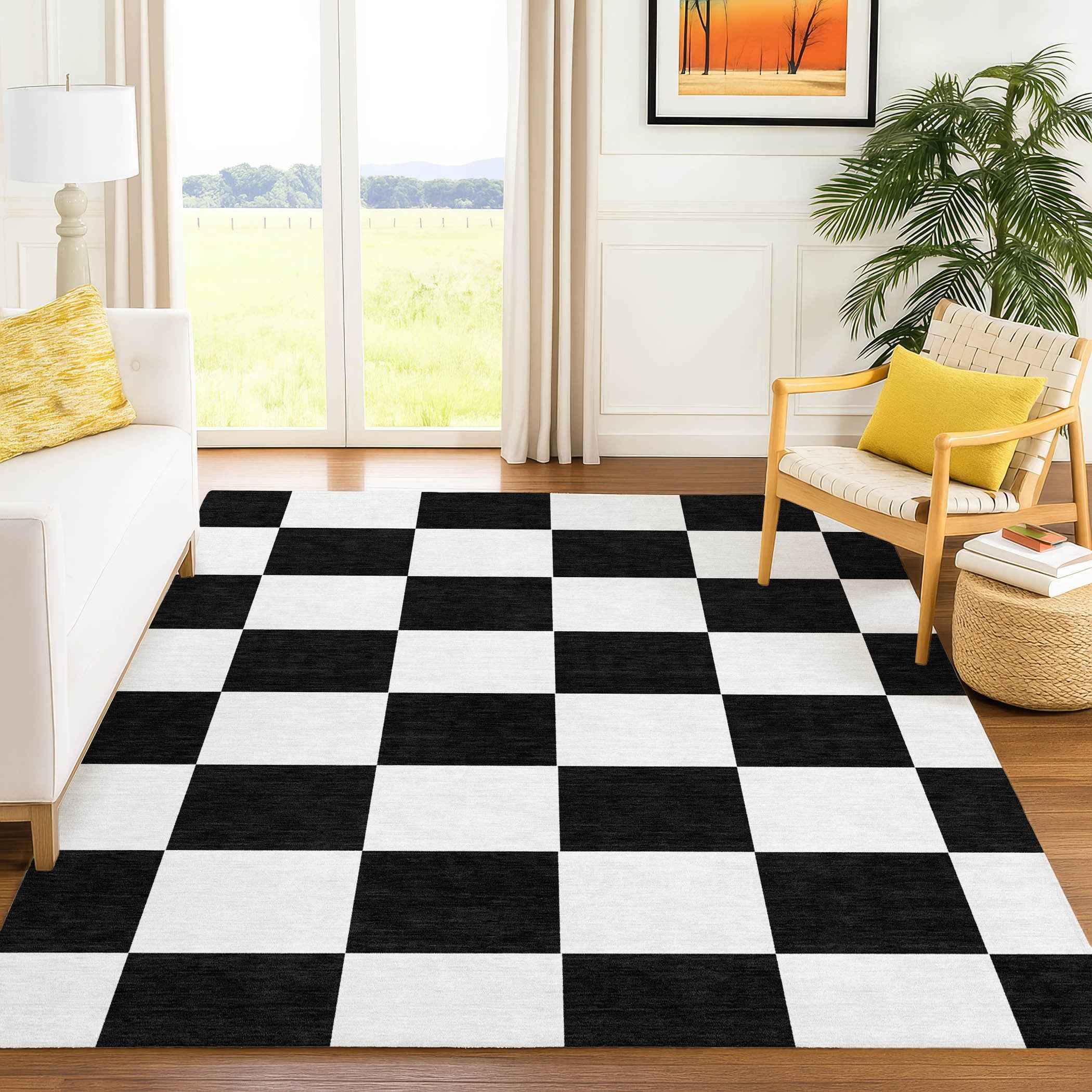 3' X 5' Black And White Geometric Washable Indoor Outdoor Area Rug