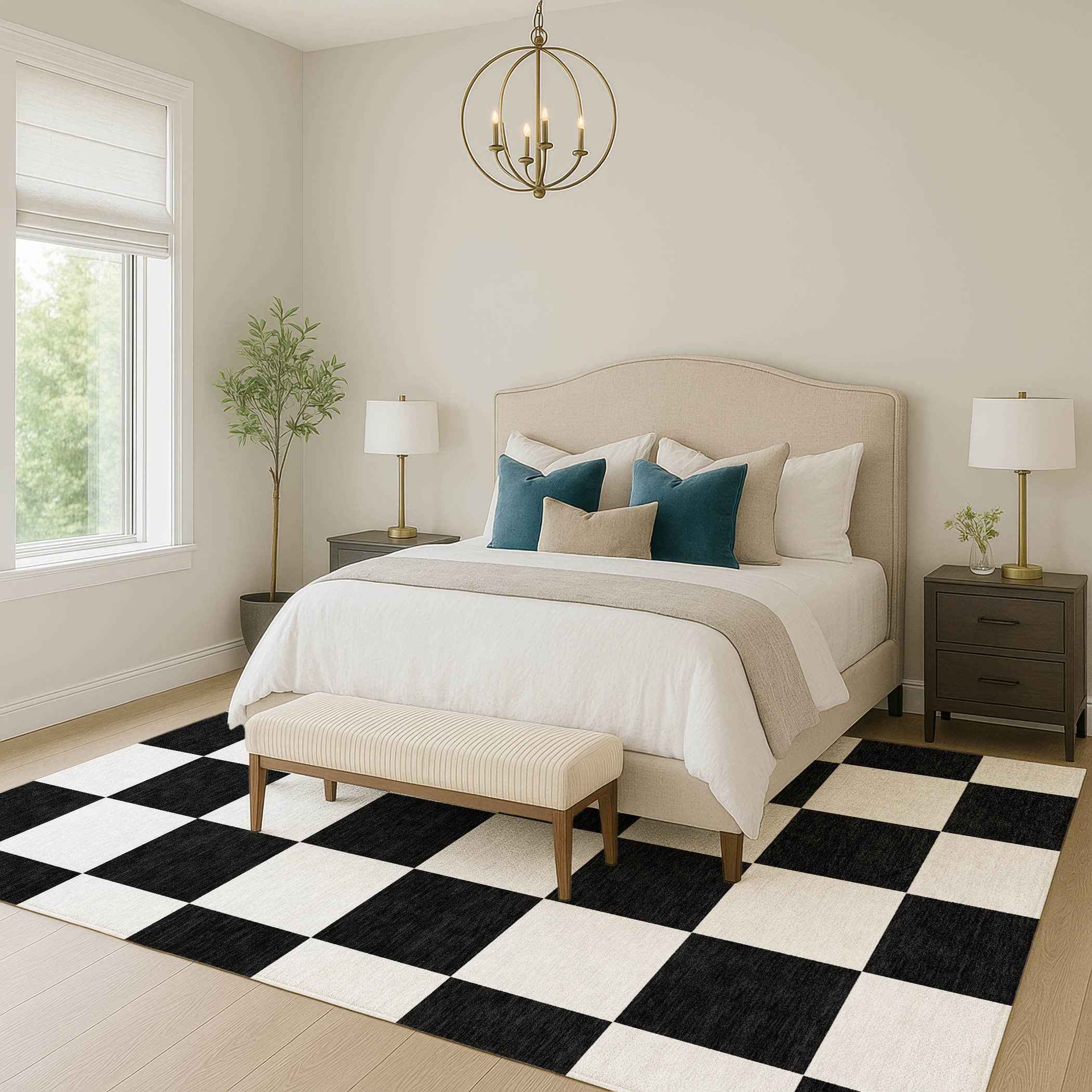 3' X 5' Black And White Geometric Washable Indoor Outdoor Area Rug