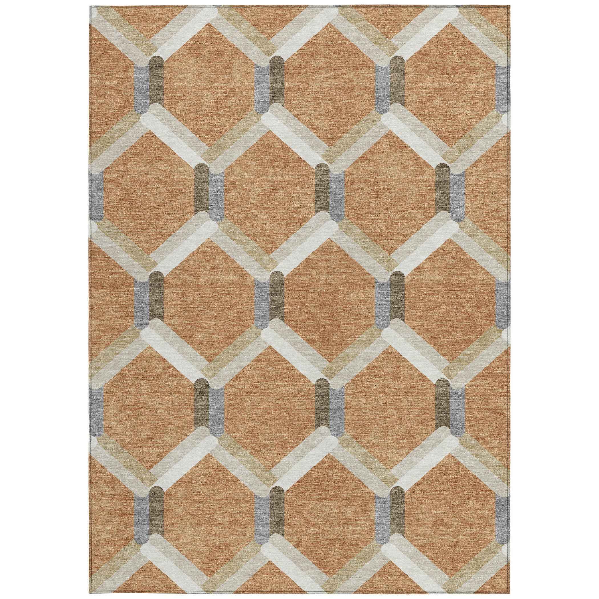 5' X 8' Copper Ivory And Gray Geometric Washable Indoor Outdoor Area Rug