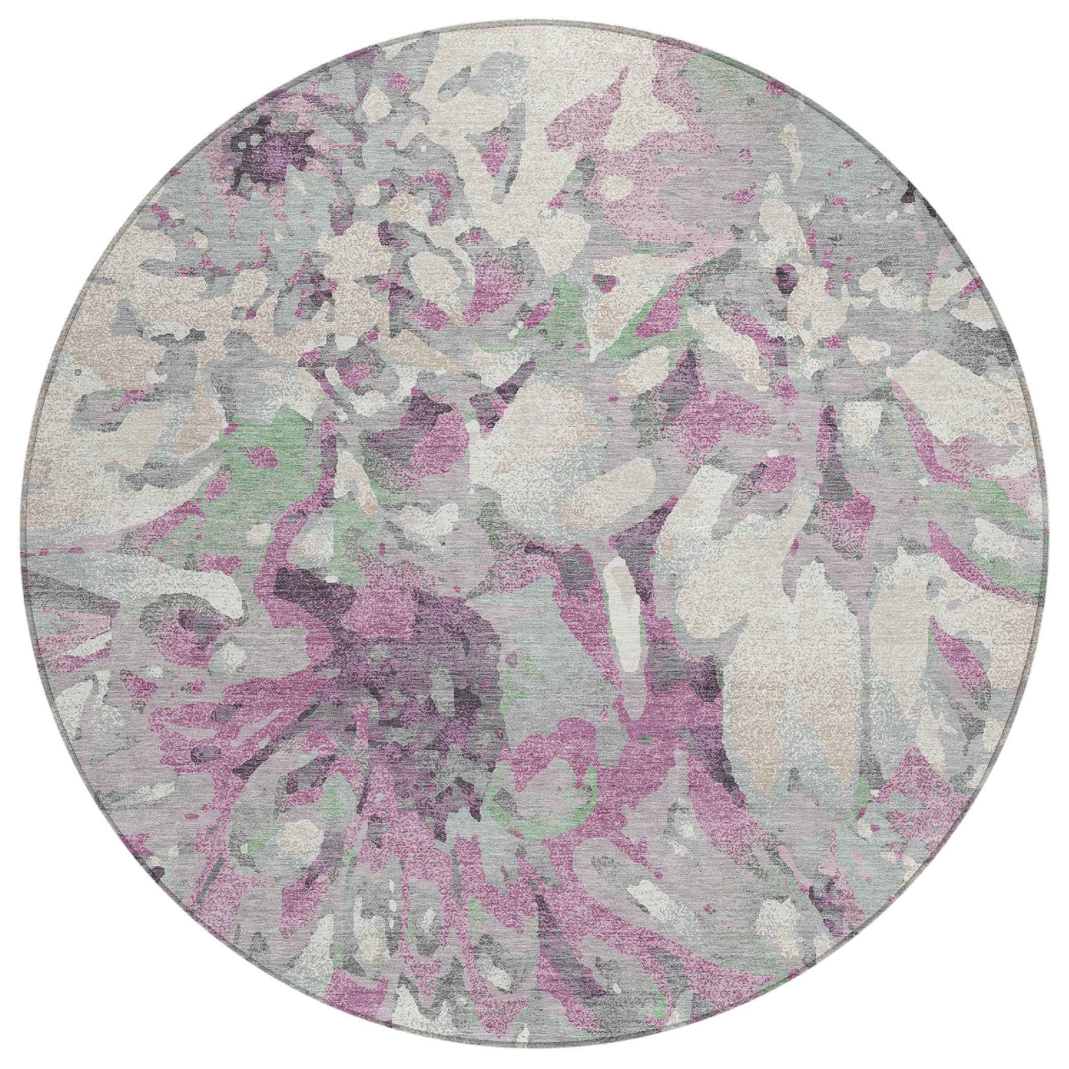 8' Blush Ivory And Gray Round Floral Washable Indoor Outdoor Area Rug