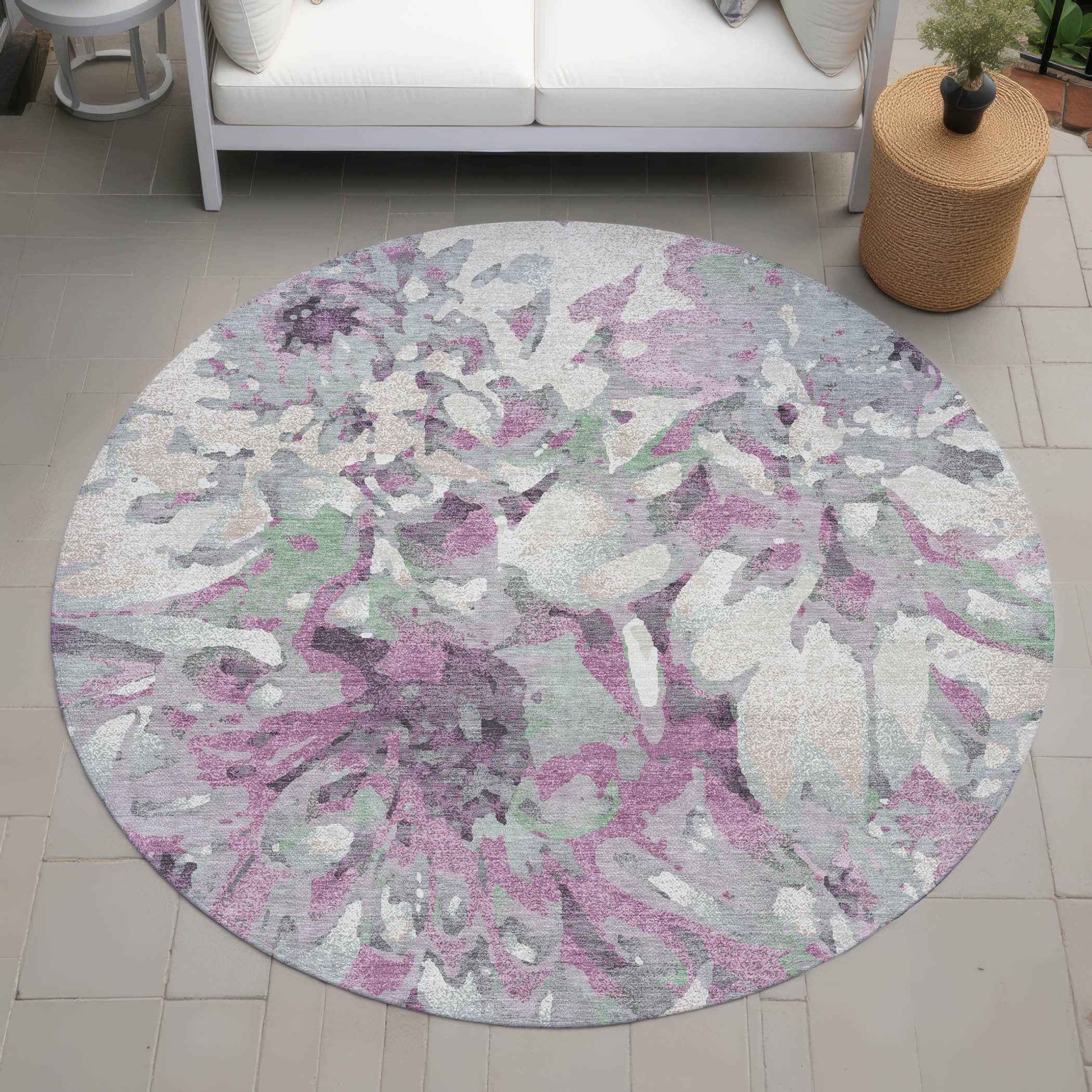 8' Blush Ivory And Gray Round Floral Washable Indoor Outdoor Area Rug