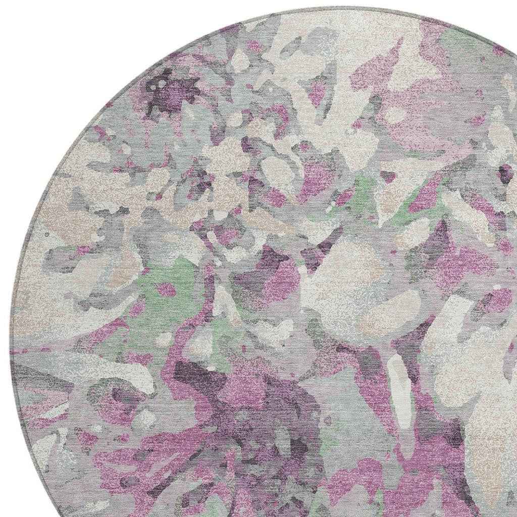 8' Blush Ivory And Gray Round Floral Washable Indoor Outdoor Area Rug
