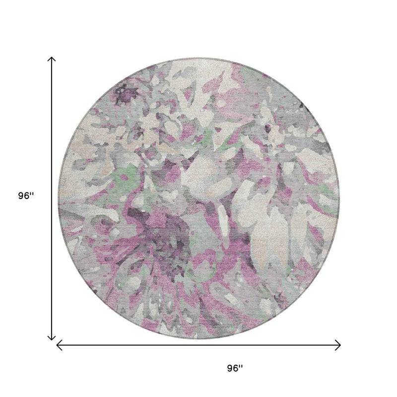 8' Blush Ivory And Gray Round Floral Washable Indoor Outdoor Area Rug