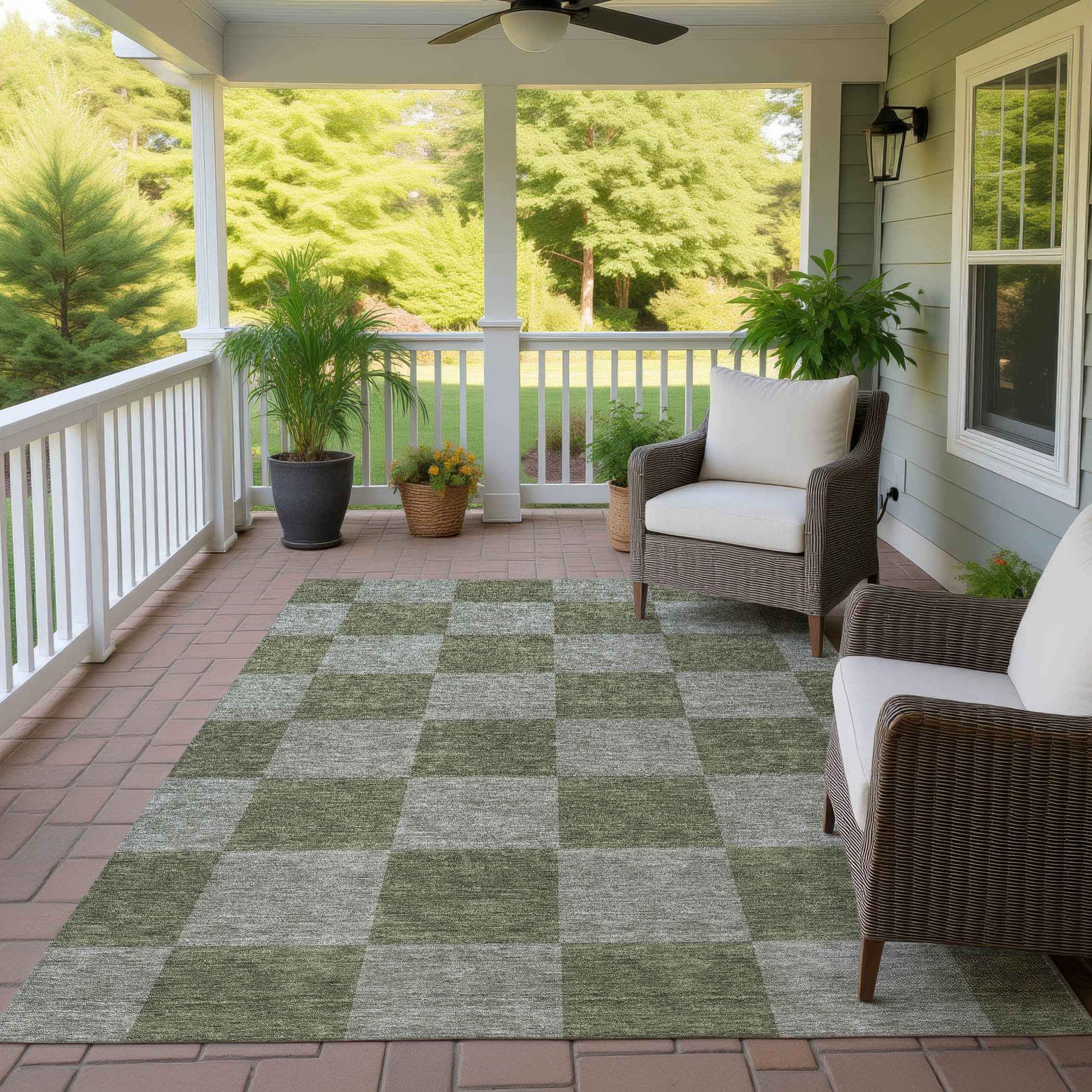 8' X 10' Olive Green And Gray Geometric Washable Indoor Outdoor Area Rug