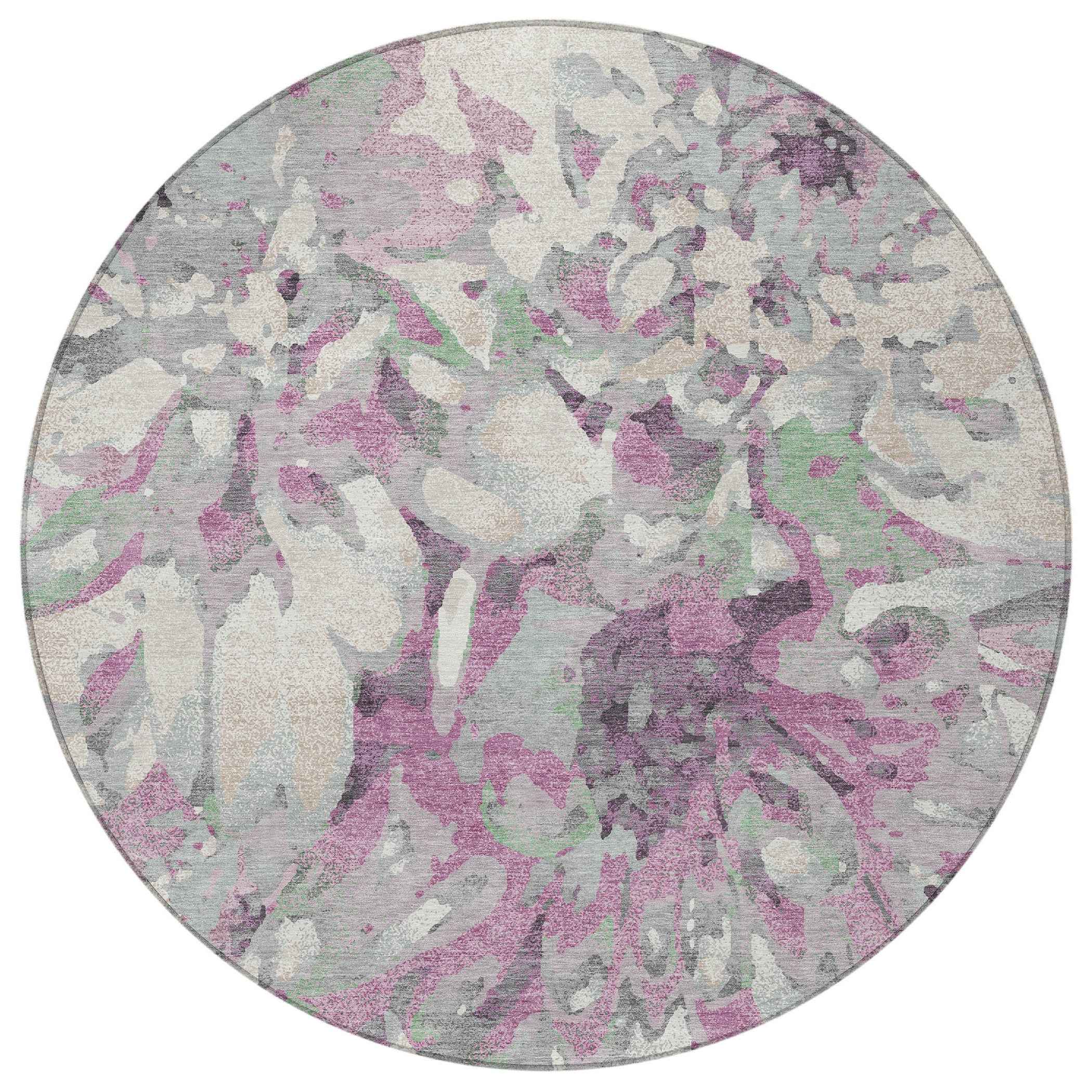 8' Blush Ivory And Gray Round Floral Washable Indoor Outdoor Area Rug