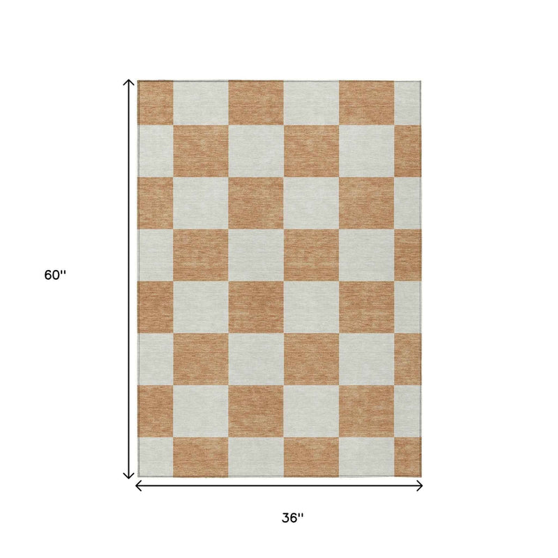 3' X 5' Copper And Ivory Geometric Washable Indoor Outdoor Area Rug