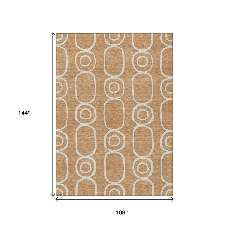 9' X 12' Rust And Ivory Geometric Washable Indoor Outdoor Area Rug