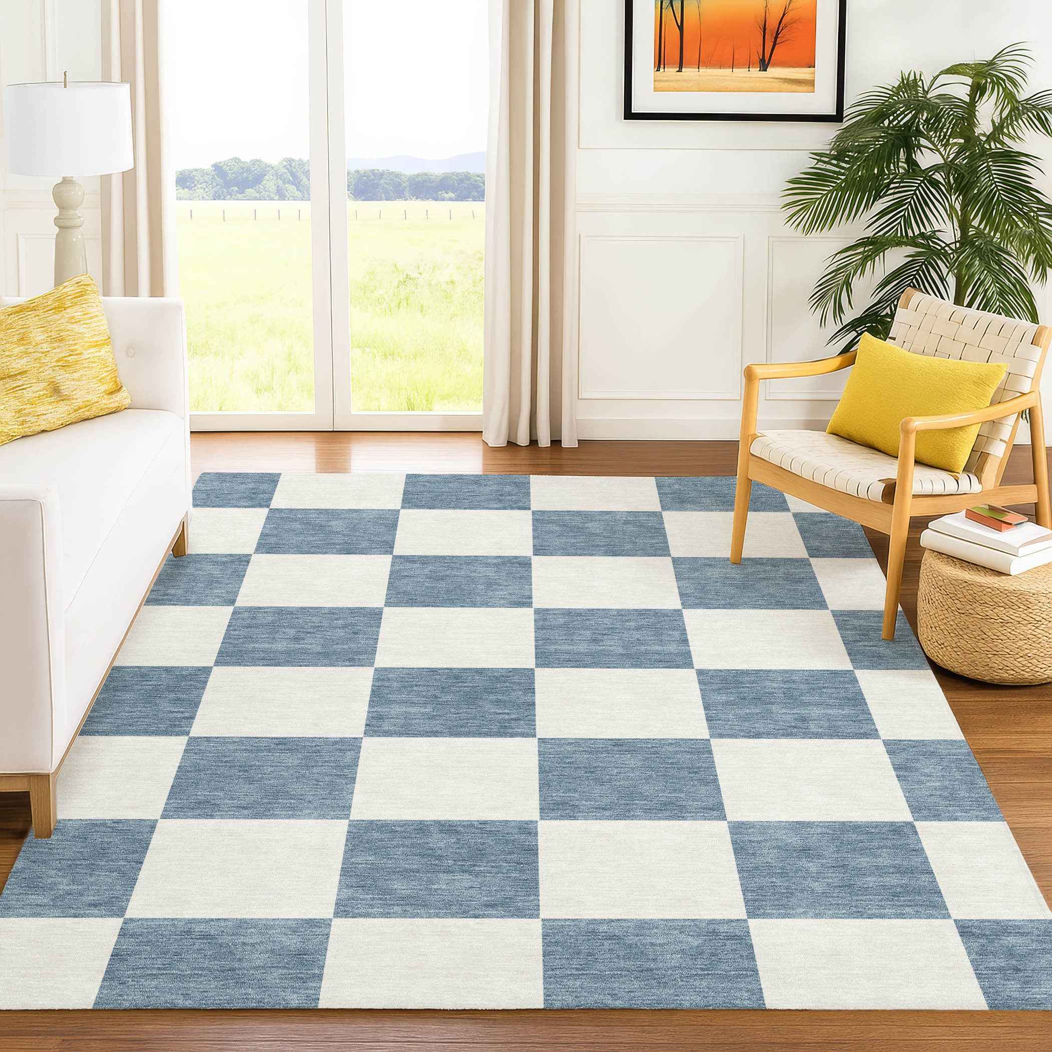 9' X 12' Denim Blue And Ivory Geometric Washable Indoor Outdoor Area Rug